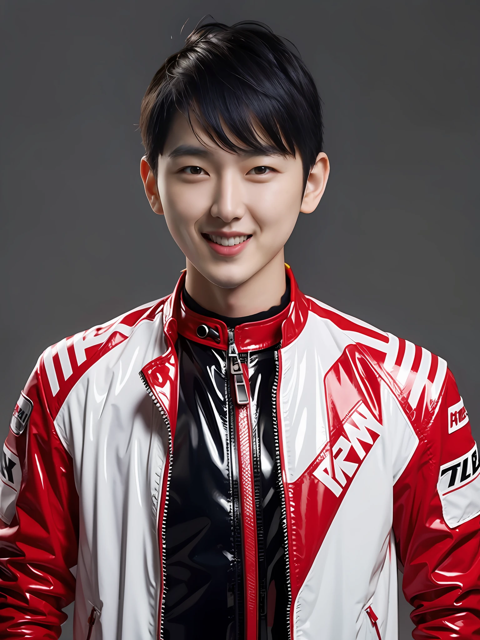 a high school boy,Put on a PVC red racing suit,There are zippers,greybackground