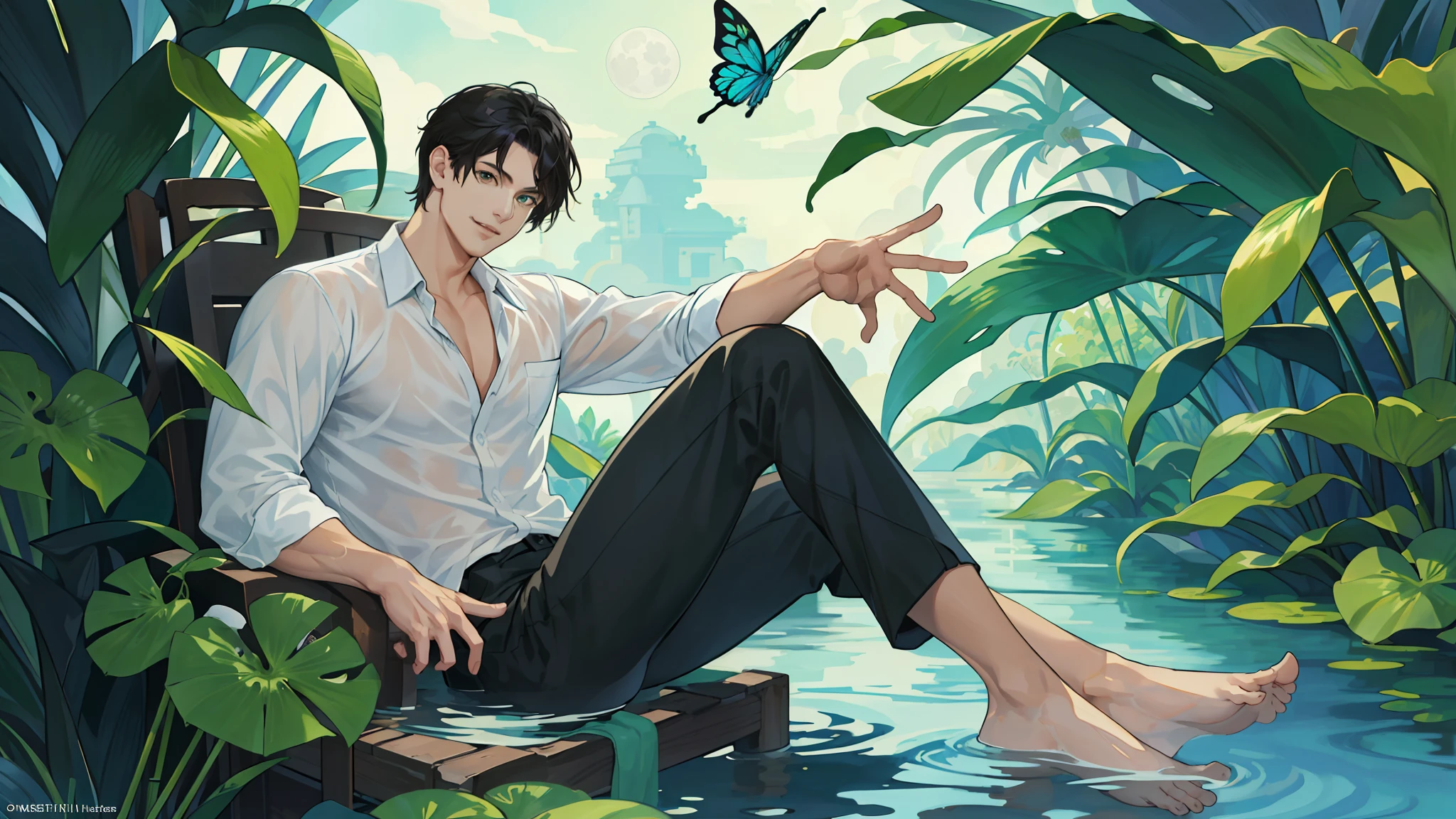 full_Moon, fronds, Moon, plant, potted plant_plant, Bamboo, 1guy, Handsome man, coconut palms_tree, butterfly, bug, Water, Tanabata, branch, Barefoot, Night, Lily_pad, tanzaku, flooded_Feet, vines, Solo, Outdoors, tree, Very short black hair, Wet, flower, Smile, ivy, Green_Eyes, Pants, Lily_in the_The_Valley, skyporn, Blue_butterfly, up looking_で_viewer, coconut palms_fronds, dressed casually, ((masutepiece,Best Quality)), Beautiful detailed eyes, beautifull detailed face
