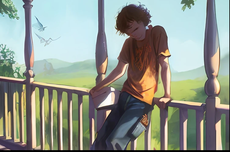 Painting of a boy leaning against a railing with a book, meados de 9 0 s, arte conceitual do menino solteiro, full-colour illustration, Douglas Soares, detailed book illustration, epic full color illustration, arte da capa de um livro, arte da capa da graphic novel, Arte de Harry Potter, julie dillon, inspirado em Jamie Wyeth, arte publicada, lindamente ilustrado