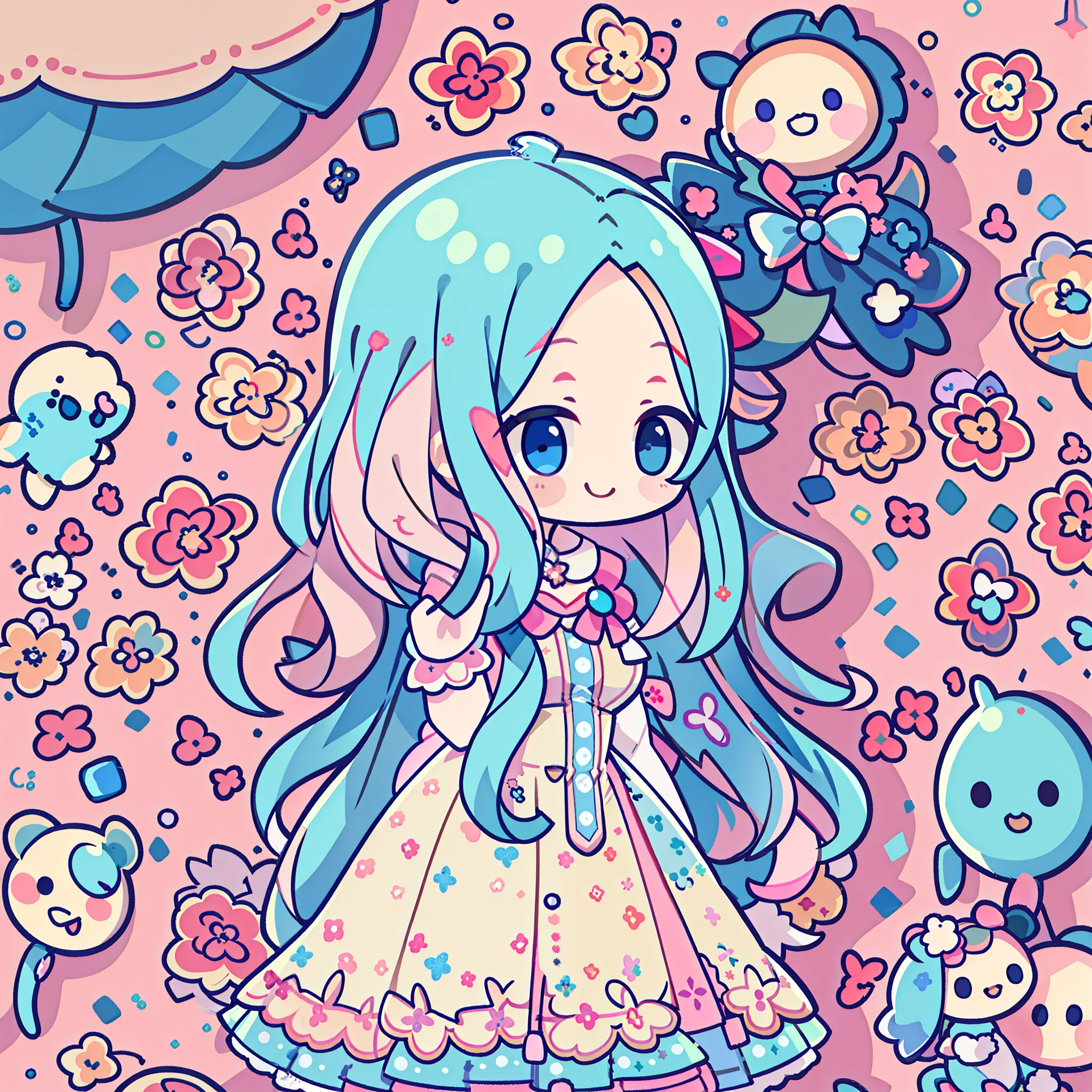Uma garota ,fofa , cabelo detalhado rosa e azul, duas cores no cabelo, um vestido kawaii, fundo kawaii, fundo detalhado, garota sorrindo