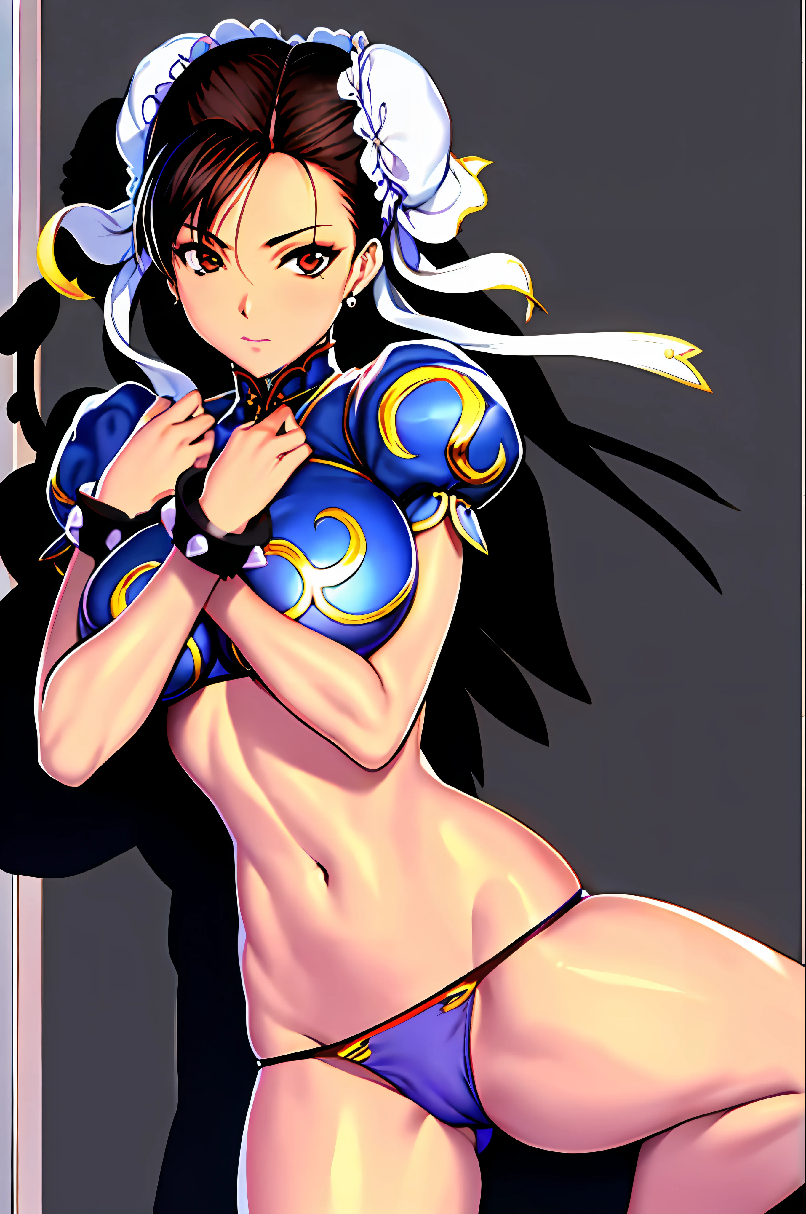 obra-prima, 1girl, sozinho, preto_Panties, standingn, hand on own chest, noite, areola slip, rosto detalhado, Chun Li, ((bra and panty)),