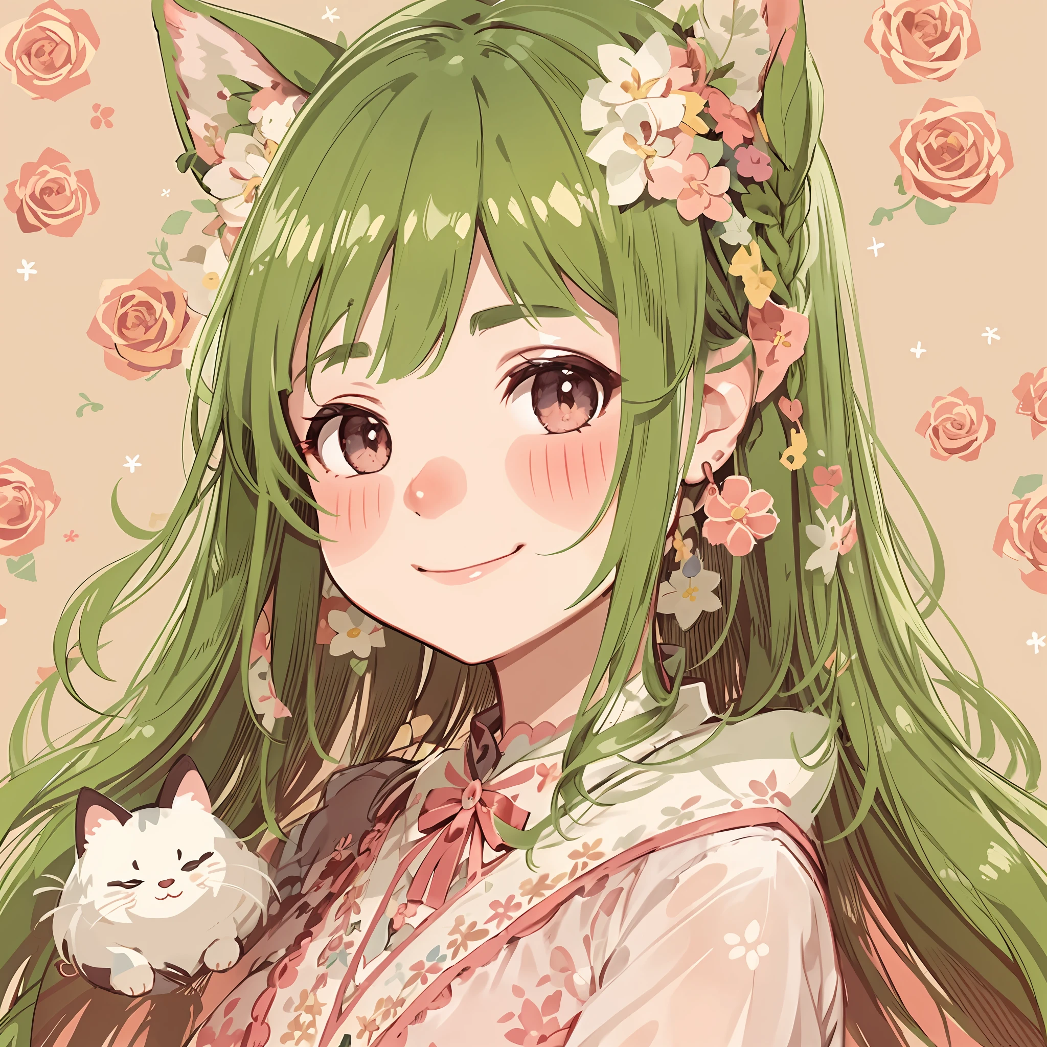 avatar plano, tema rosa, 1girl, solo, bonito, sorriso, ornamento de cabelo, upper_body, fundo simples, cabelo longo, orelhas de gato, joias, negligee, roupa kawaii,cabelo de duas cores