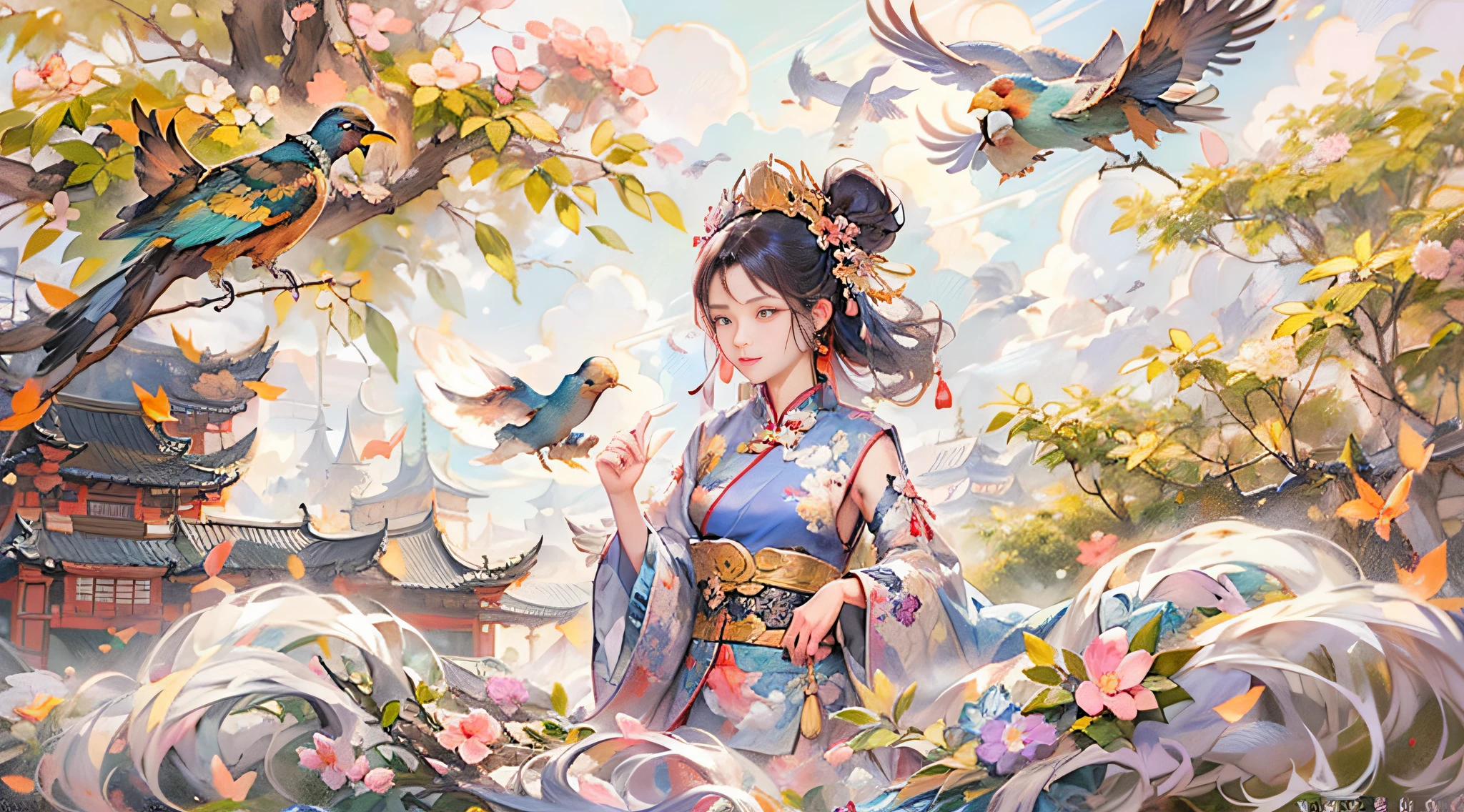 a mural of chinese girl,beautiful eyes,dance,full body,Chinese mythology,flower,auspicious clouds,tree,bird,off-color,lococo,（high quality，extremely detailed，8k：1.5）