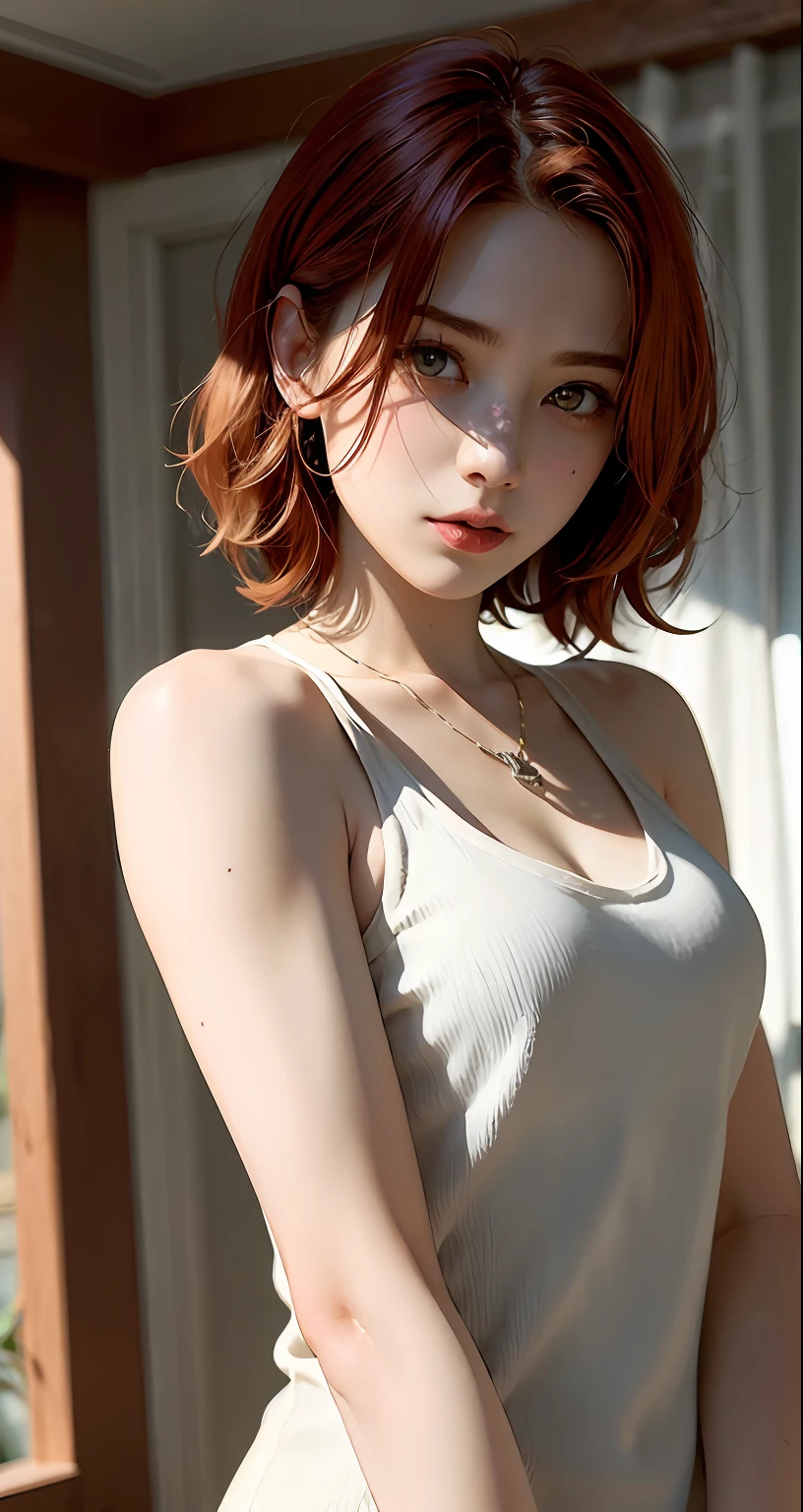 8k, RAW Photography, portlate, drooing eyes、top-quality, 超A high resolution,Tank tops、short-hair、piercings、Photorealsitic, 女の子1人, full bodyesbian, redhair, a necklace, a smile, eye lashes, 电影灯光, depth of fields, lensflare、onepiece