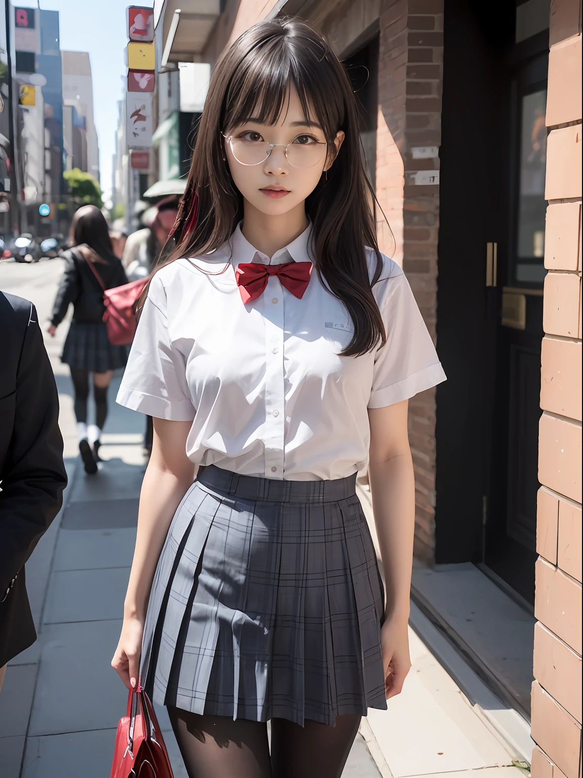 （8K、Raw photography、top-quality、​masterpiece：1.2),de pele branca,Black pantyhose,absurderes,a small face,small tits,flat breast,Parting the bangs from the middle、Forehead visible,(Tight eyes,Bullish,skinny,Rasping,irate)、​masterpiece,top-quality、超A high resolution,Raw photo,ren,Beautiful fece,One Person, 独奏,eye glass,,Dark look,Small breasts,fullllbody,Round glasses、cute little、JK school uniform,hi-school girl,A Japanese Lady,is standing,(Tight eyes,Bullish,skinny,Rasping,irate,small tits,flat breast)、（Photorealsitic：1.37）、Photon mapping,Light blue ribbon,Realistic、Cute little face,Brown-eyed、Black socks、(Red bow tie)、Radio City、Physically Based Rendering、Foreground、depth of fields、Blurry background、a picture,The girls、Body,beauty legs, Long legs, Thin leg,poneyTail,(Bangs are visible), hair, s lips, Blue_The eye, nosesoft,White shirt, Navy blue and white plaid pleated skirt, Knees are visible,Sheer clothing,, Thigh, Black cotton socks,Nogizaka Idol, 女優, Japanese ido