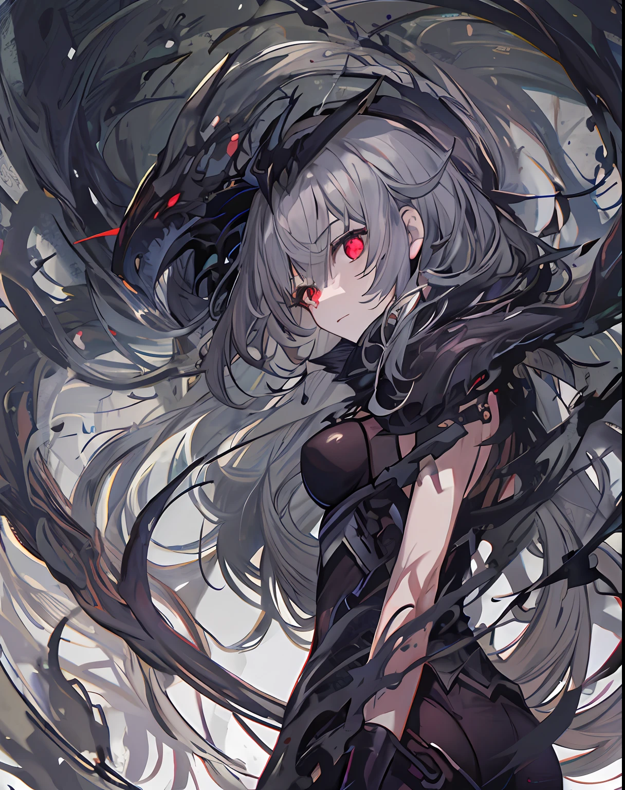 one-girl，Solo，tmasterpiece，Best quality at best，Gray hair，Gray hair，Gray hair，Red eyes，Blackened，darkly，scyscraper，cel shadow，villain，sneering，Overlooking，black shadows，Viscous black liquid，shadowy，Black belly，Steady，Barefoot