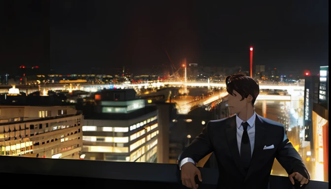 (​masterpiece、top-quality、hight resolution、ultra-detailliert、)、1 male、独奏、Adults、mature、Tall and muscular man、broad shoulder、a handsome、extra very short hair、A dark-haired、brown-eyed、angular jaws、thick neck、thick eyebrow、natta、murky、City night view background、formal suit、neck tie、The upper part of the body