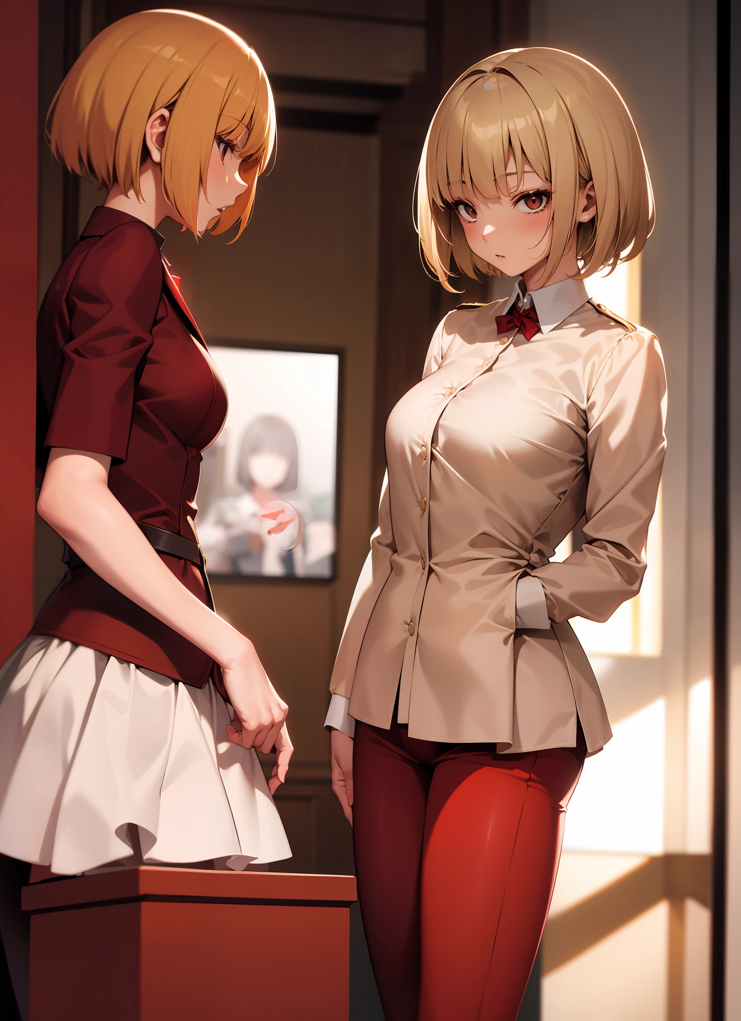 Beige-colored short hair, masterpiece, enhanced photo quality, dynamic lighting, wearing red blazer uniform with blouse