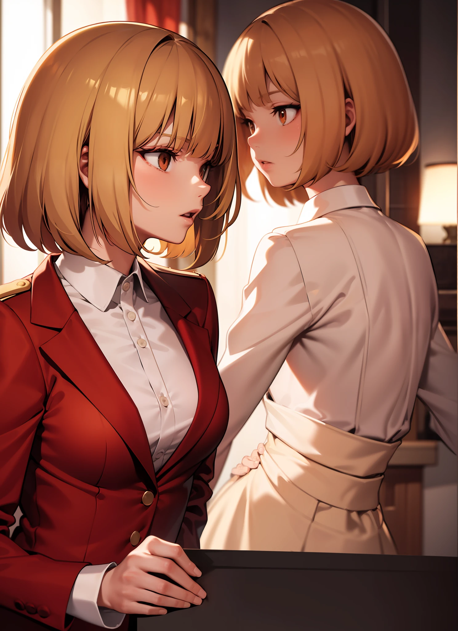Beige-colored short hair, masterpiece, enhanced photo quality, dynamic lighting, wearing red blazer uniform with blouse