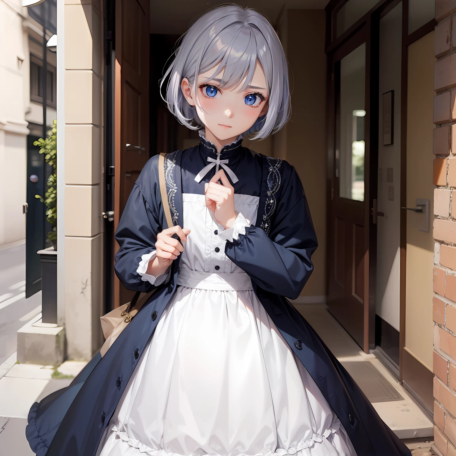 Cross-dressing boy with silver hair and blue eyes、Everyday clothes、Hair is a bob