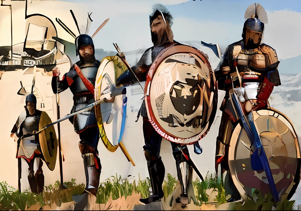 a painting of a group of men with shields and shields, leading spartans into battle, ancient battlefield, historical artistic depiction, dressed in spartan armour, ancient greek ornamented armor, 3rd century bc, greek armor, 4 0 0 bc, dressed in roman armour, holding a shield and gladius, ancient soldier, traditional roman armor, trojan war, ancient greek painting, Italian warriors