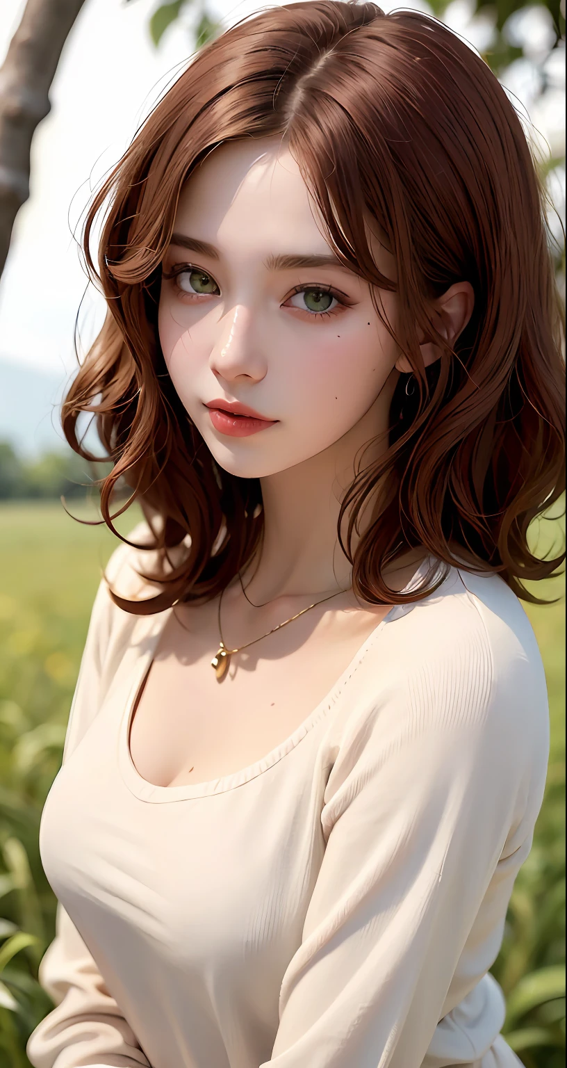 8k, RAW Photography, portlate, top-quality, 超A high resolution、curly hair、piercings、Photorealsitic, 1人, full bodyesbian, redhair, Green eyes、a necklace, a smile, eye lashes, 电影灯光, depth of fields, lensflare、The shirt