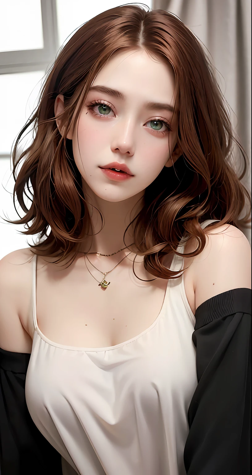 8k, RAW Photography, portlate, top-quality, 超A high resolution、curly hair、piercings、Photorealsitic, 女の子1人, full bodyesbian, redhair, Green eyes、a necklace, a smile, eye lashes, 电影灯光, depth of fields, lensflare、The shirt