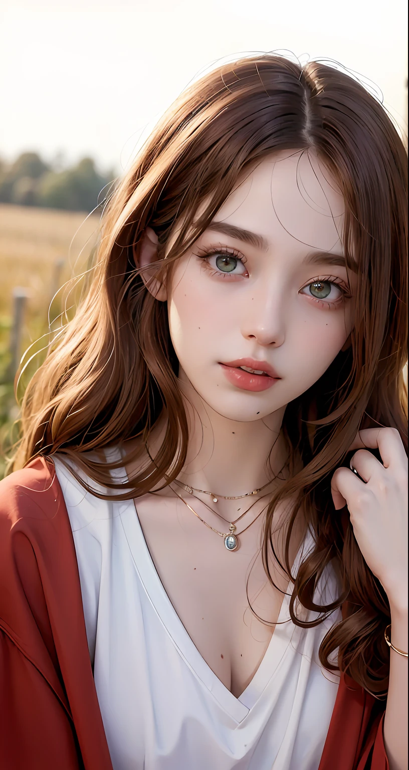 8k, RAW Photography, portlate, top-quality, 超A high resolution、curly hair、piercings、Photorealsitic, 女の子1人, full bodyesbian, redhair, Green eyes、a necklace, a smile, eye lashes, 电影灯光, depth of fields, lensflare、The shirt