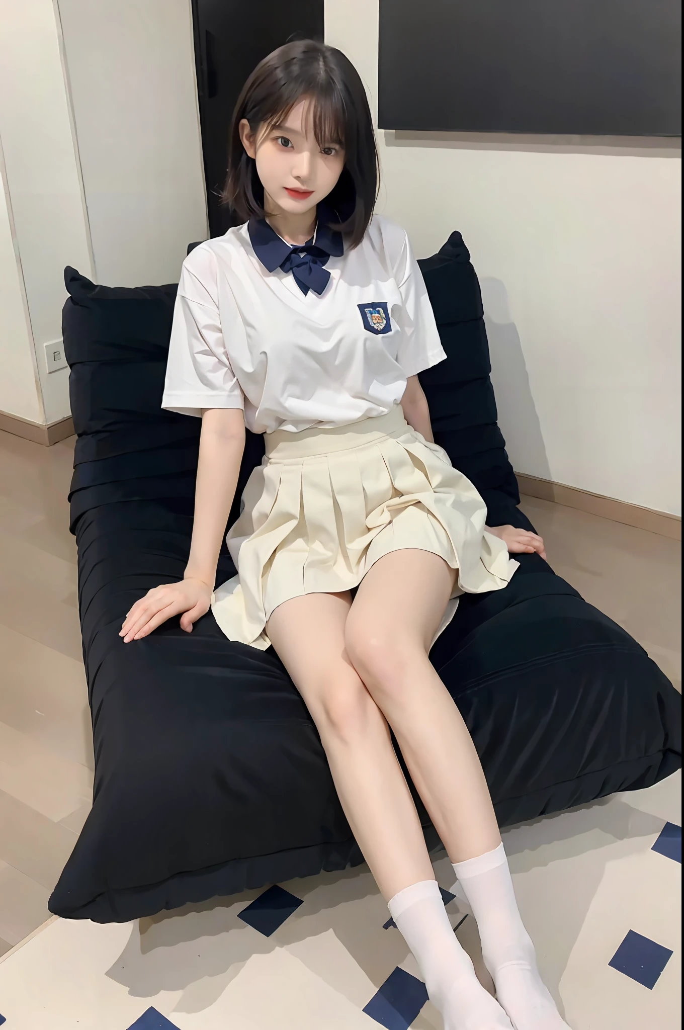 looks into camera,Pupil correction,Best quality at best,tmasterpiece,超高分辨率,(realisticlying:1.4),s girl,Juvenile,Wear socks,High ponytail