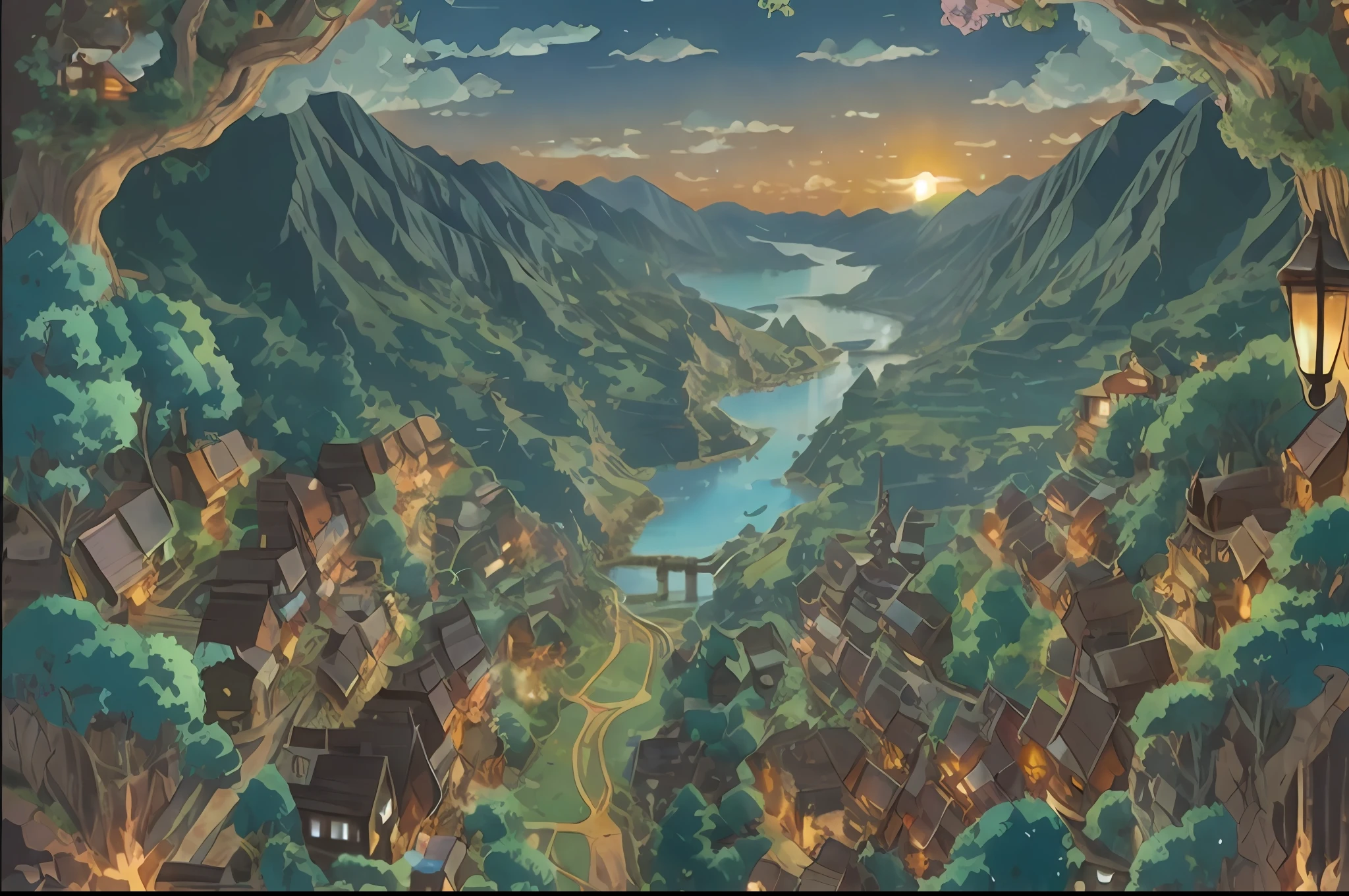 anime scenery of a village with a river and mountains in the background, anime landscape, anime scenery, style of makoto shinkai, anime countryside landscape, rio de janeiro in an anime film, scenery artwork, japanese town, inspired by Makoto Shinkai, ( ( makoto shinkai ) ), a bustling magical town, official art, mokoto shinkai