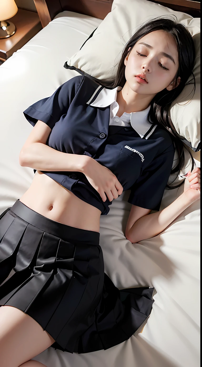 ((8K、Raw photography、top-quality、masterpiece)、(realisitic、photorealisim:1.37)、(top-quality)、(Best Shadows)、(The best illustrations)、鎖骨((爆乳))、((A sexy、超A high resolution、High Definition CG Unified 8K Denden Wallpaper、physically-based renderingt、Cinematographic lighting)、20 year old girl、 (blazers、sockes、high-school uniform:1.2), beautiful finely detailed eyes, Light on the Face, ((FULL BODYSHOT:1.2)), especially strong light,glowy skin、( thick thight), (The Flash:1.2), NSFW, (puffies,face perfect、Schools、full body Esbian、Pants are visible through the skirt、kawaii faces、gals、Sleep in bed with your eyes closed、A dark-haired、siesta、sprawl、Lie down,