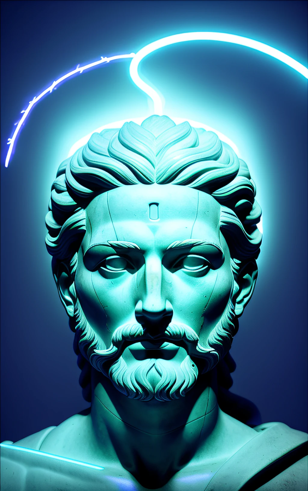 personagem da mitologia grega antiga, (neon lightning around the head:1.1), monumento, chiton, Peplos, (Head Close-up:1.2), lightnings, foco nítido, fantasia, arte conceitual, dynamic lighting, Epic composition, Michelangelo estilo