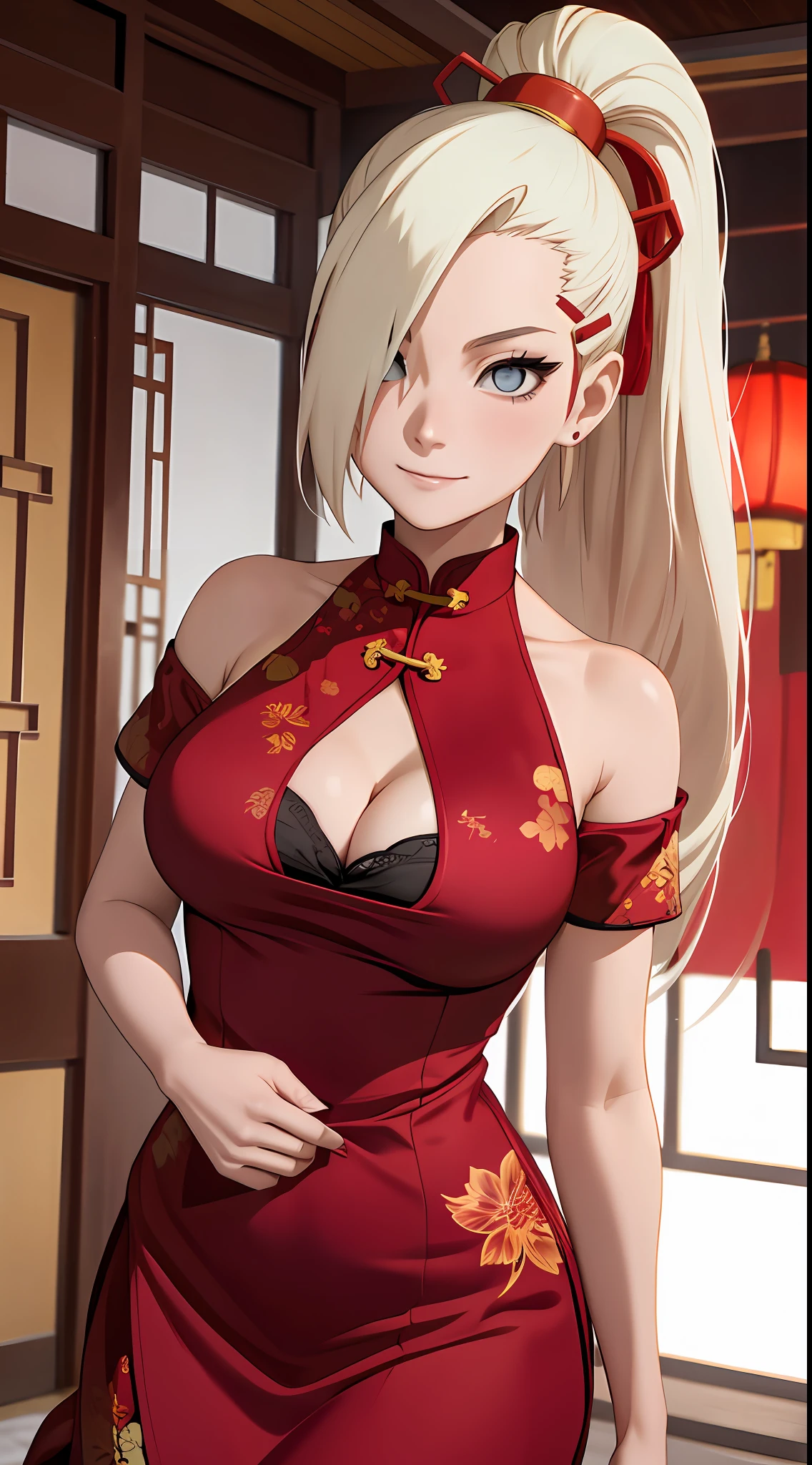 Ino yamanaka， komono， nevando， sitted，China Cheongsam，Off-the-shoulder attire，cleavage，ssmile，Be red in the face，inside in room