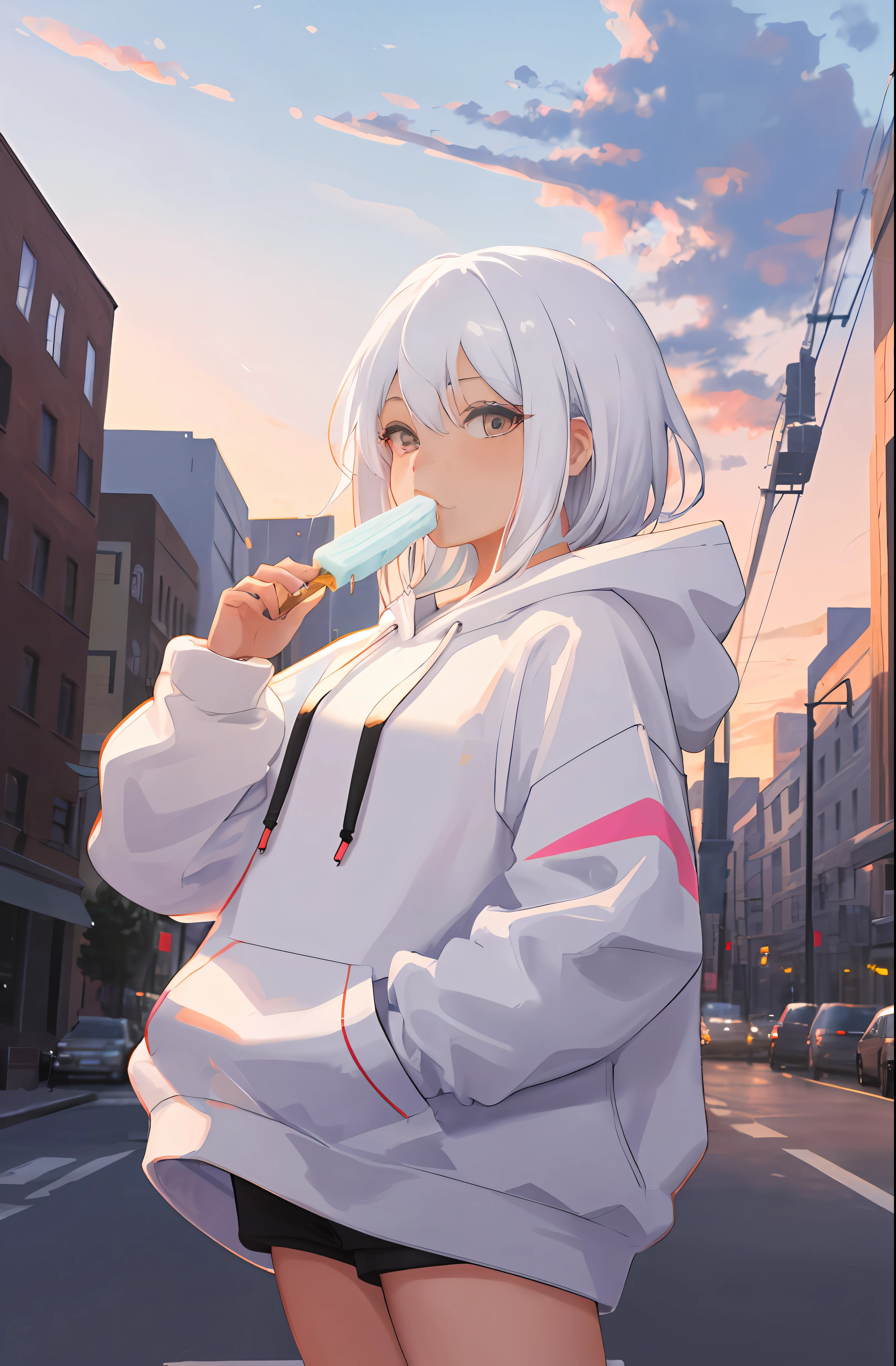 In the city at sunset, a girl is eating an icecream. She has white hair and is wearing a white hoodie. High resolution,