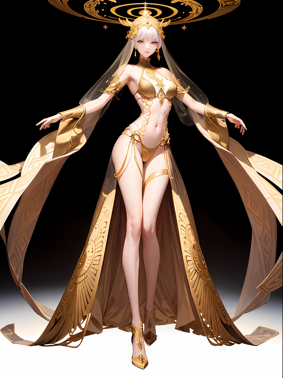 tmasterpiece，Beautiful goddess of the void，fully body pose，Gorgeous clothes with gold patterns，Full body white transparent bikini，Clear silk，Full-body standing，180cm tall，Slender legs，detail in face，Detailed body part details，8k wallpaper