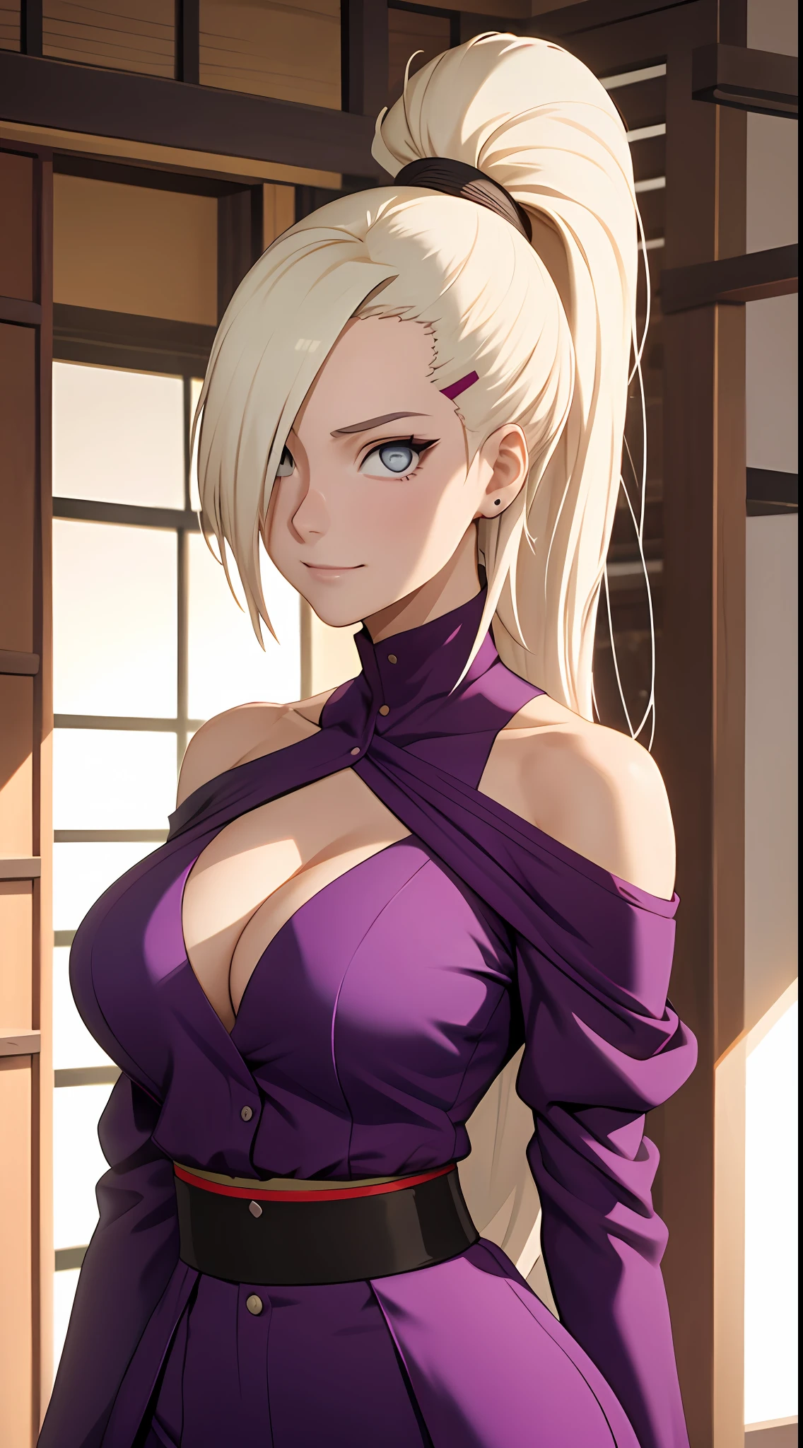 Ino yamanaka， komono， nevando， sitted，Purple clothes，Off-the-shoulder attire，cleavage，ssmile，Be red in the face，inside in room，Close-up close-up，with a good figure