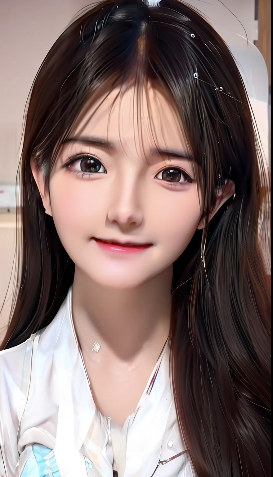 A realistic 3D anime style,Close-up of a dark-haired woman in a white shirt, Cute natural kawaii portrait face, Realistic middle-aged male Cheng Yi, Realistic anime face of young girl, Beautiful faces are stunning and realistic, Stunning anime portrait painting, Moe girl realistic anime face。