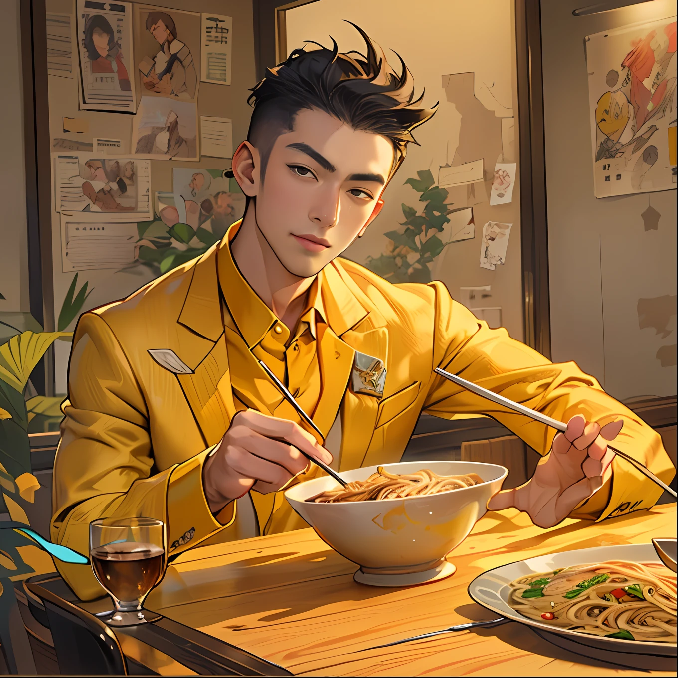 A handsome young man in a yellow suit on the side，Point to the beef noodles on the table，The haughty and confident expression on his face,in the style of the stars art group xing xing, 32K, Best quality, Masterpiece, Super detail, High details