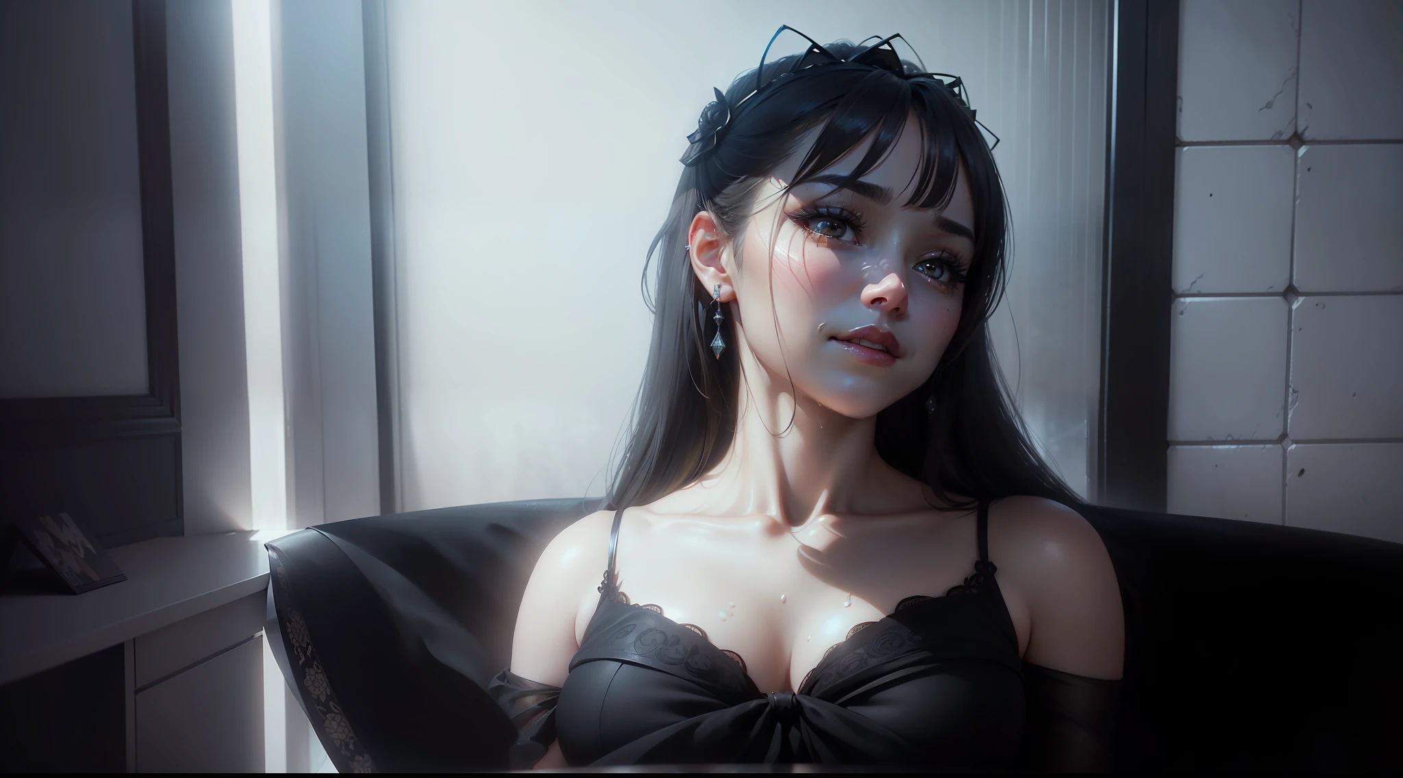 pixiv artwork, long blonde hair, perfect curves, realistic style, (hyperreal), top CG, (Tyndall effect), (cinematic light and shadow effects), top detail, 16k resolution, exquisite and detailed graphics, realistic reality, (absolutely beautiful girl), (royal sister face), ((melon face)), beautiful and moving, ((goose yellow hair)), long hair and waist, ((loose hair)), flowing hair, ((Korean air bangs)), (black bow hair card), ((delicate and moist smooth skin)), ((fair and moist skin)), beautiful and delicate makeup, ((dark eye shadow)), (delicate eyelashes), extreme face, delicate face, (rounded face contour), delicate and cute facial features, enhanced three-dimensional facial features, deep and bright eyes, ((perfect clear eyes)) (intricate details), ((gentle eyes)), delicate and perfect eye makeup, (moist smooth lips), pink lip color, (cherry lips), (((Face Enhancement))), Facial Retouching (Intricate Details), Clear Details (Intricate Details), (Perfect CG Face), Light Makeup, (Beauty), Pink Blush, Happy Expression, (Sweet Smile), (Bright Atmosphere), (Dignified), (((Black Liquid Water Gauze))), ((Black Dress Bling)), ((Fashion Design)), Realistic Clothing Textures, (Absolute Domain), Dynamic Angles, Dynamic Postures, Highest Precision, ((Ultra Detailed Textures)), ((Ray Tracing)) , (((Hyper-realistic Light and Shadow Effects))), Perfect Body Proportions, ((Advanced Rendering)), Tinbal Effect, (Unreal Engine), Strong Edge Light, Character Edge Light, Depth of Field.