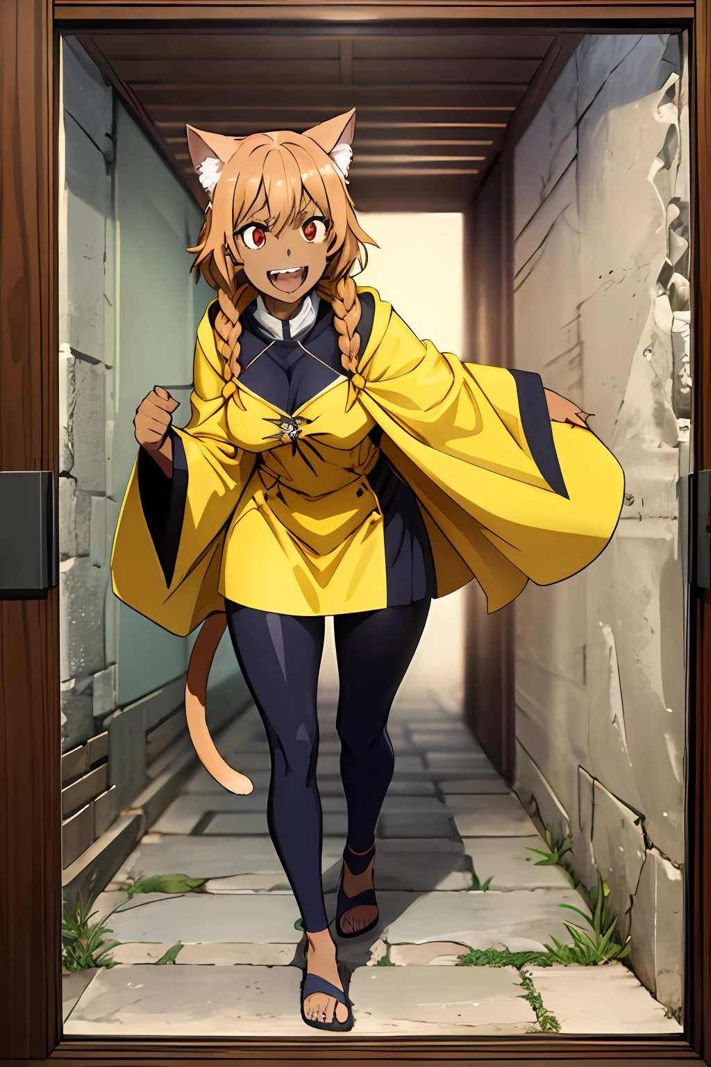 brown hair, dark-skinned female, yellow hood, twin braids, short hair, 1girl, cat ears, cat tail, medieval, fantasy clothes, tall female, red eyes, italy, open mouth, smile, age, medium breasts, sharp teeth, flip-flops, full body, solo focus, 1990s (style), twin braids, hooded cloak,, walking