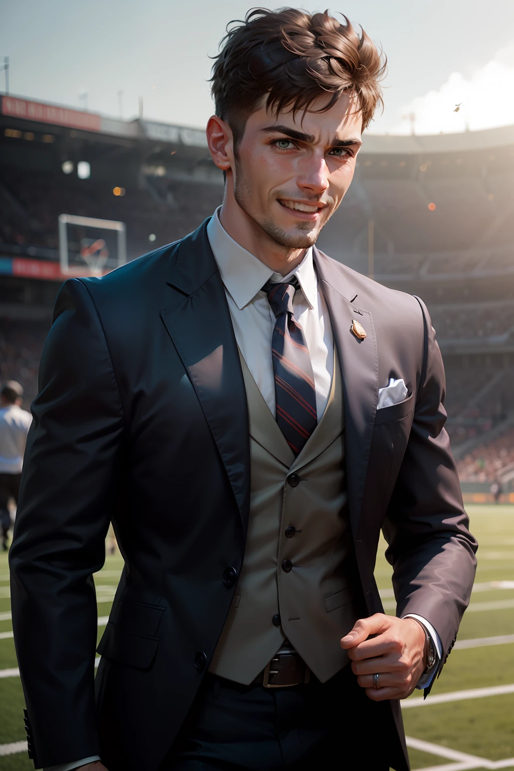 The man's name is Pulisic，He runs on the football field，wide wide shot，full bodyesbian，grin，Toothy，(Masterpiece,Best quality: 1.2)，Arafeld man in suit and tie,  Rendu portrait 8k, maxwell render, professional portrait hd, well-groomed model, Career back，Dramatic, photorealistic painting art by midjourney and greg rutkowski