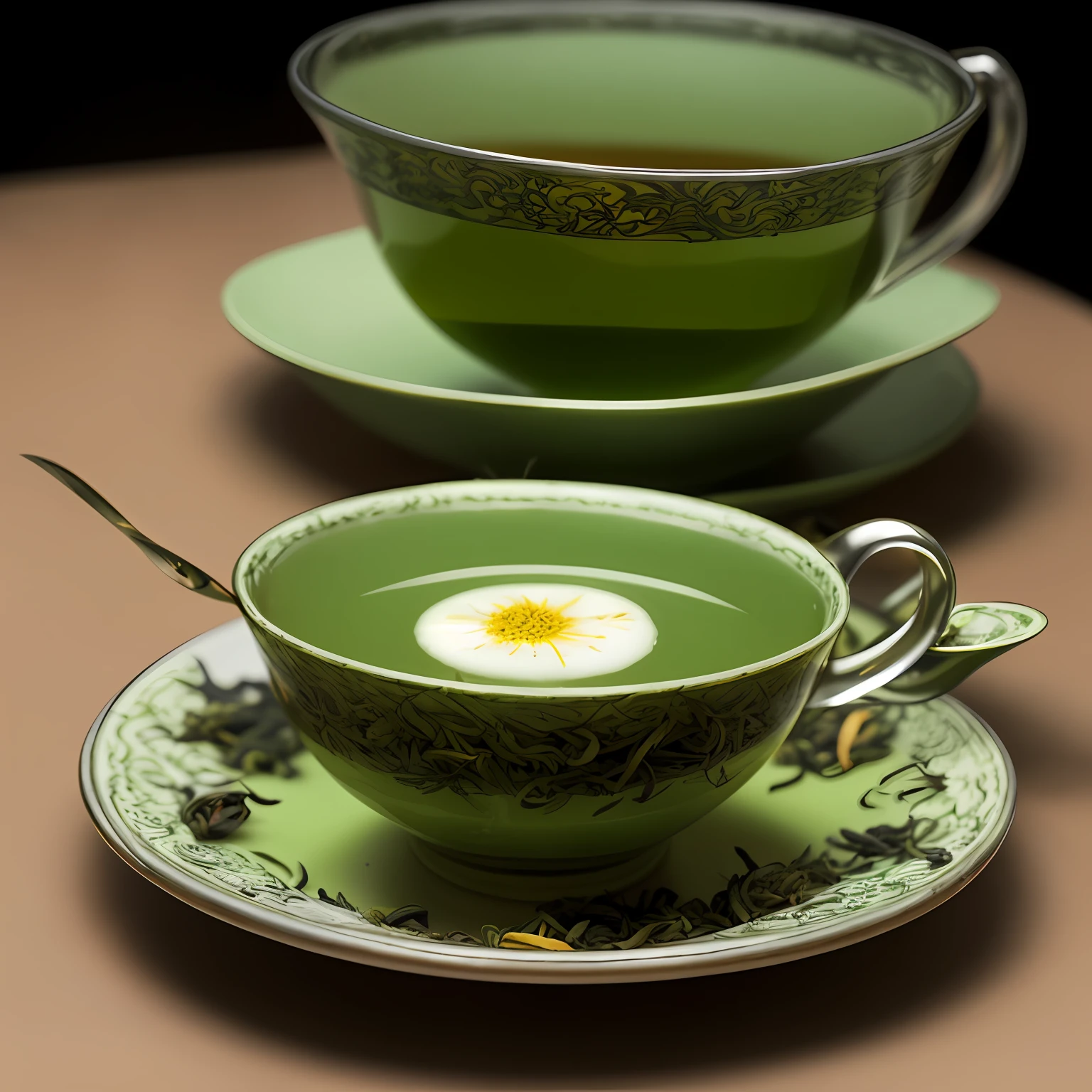 There was a cup of tea with a saucer on the plate, Green tea, teacup, Is ((drink a tea)), Tea, Drinking tea, author：Alexander Giemsky, author：David Garner, portrait shooting, High quality photos, on a dark background, Beautiful photo, delicacy, Secret Tea House, author：Frederick Vermelen, intense detail