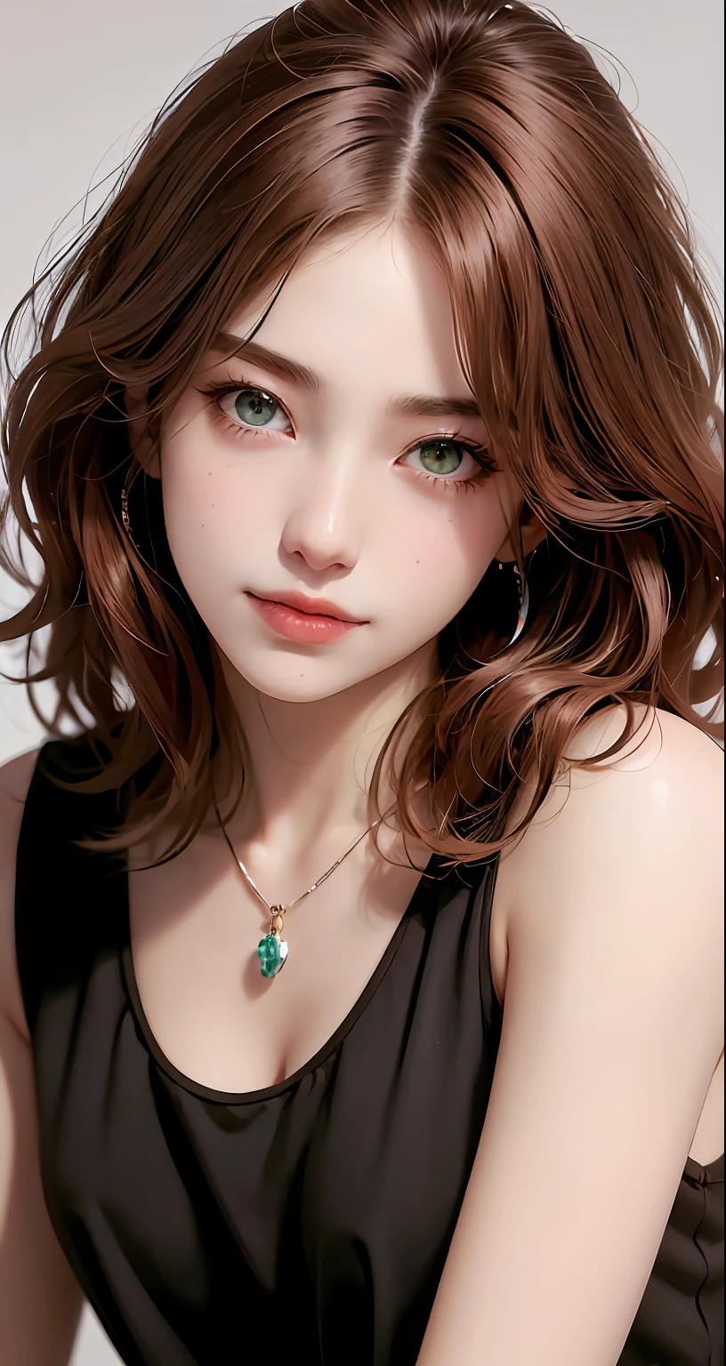 8k, RAW Photography, portlate, top-quality, 超A high resolution、curly hair、piercings、Photorealsitic, 女の子1人, full bodyesbian, redhair, Green eyes、a necklace, a smile, eye lashes, 电影灯光, depth of fields, lensflare、Black shirt
