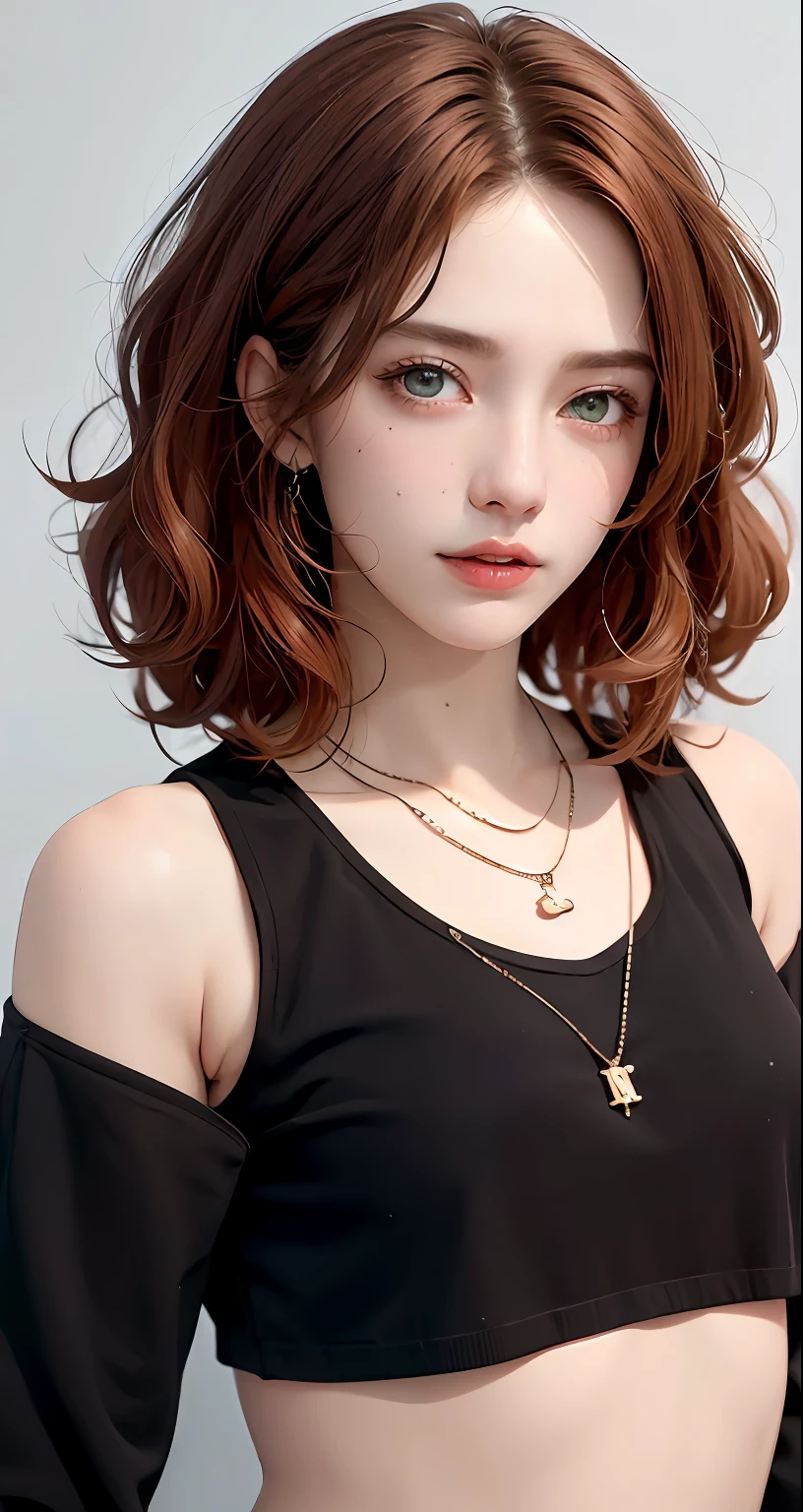 8k, RAW Photography, portlate, top-quality, 超A high resolution、curly hair、piercings、Photorealsitic, 女の子1人, full bodyesbian, redhair, Green eyes、a necklace, a smile, eye lashes, 电影灯光, depth of fields, lensflare、Black shirt