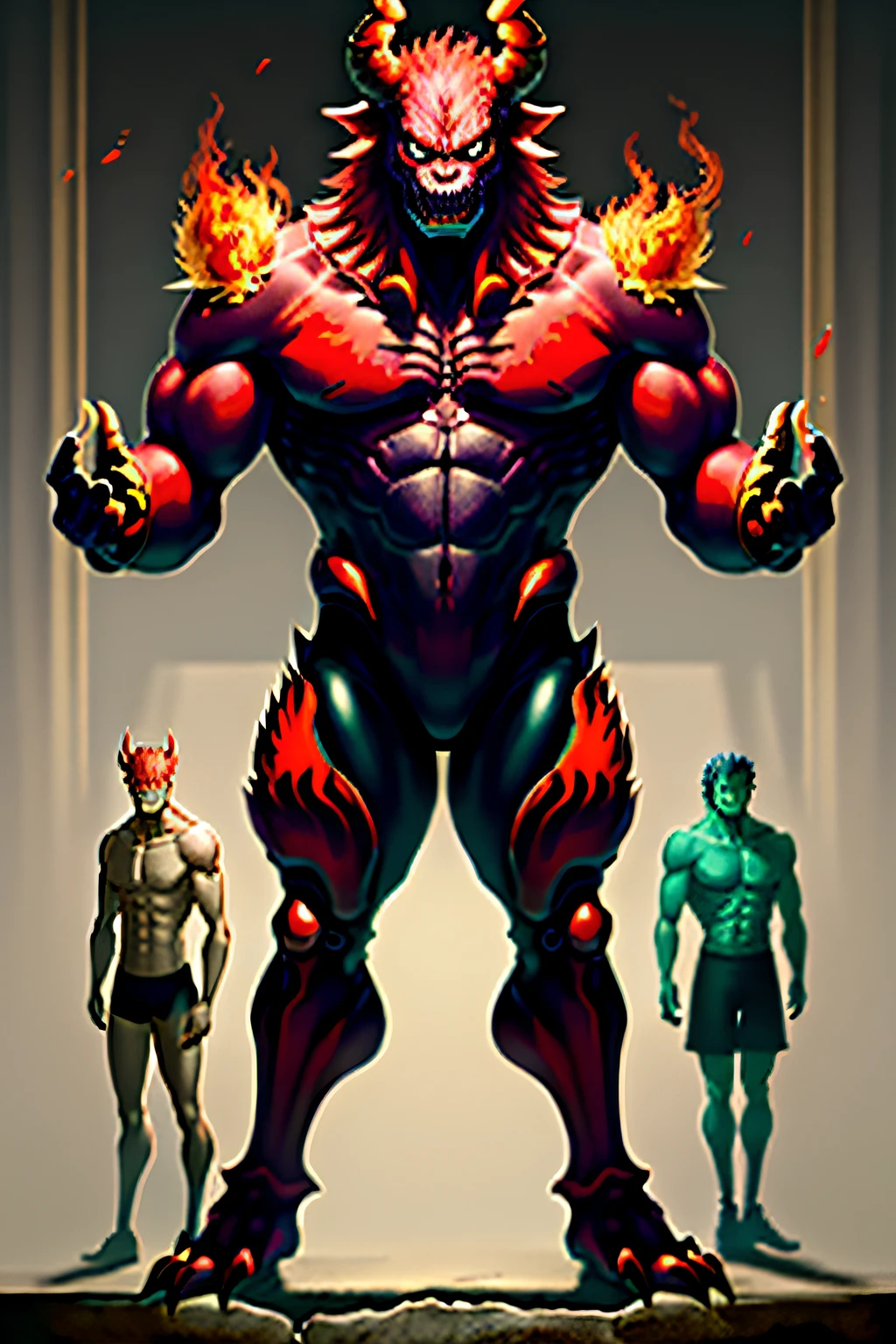 Humanoid monsters，horn，Grimace，火焰，Flaming red skin，scutes，Beast legs，full bodyesbian，Standing painting，ancient wind，male，bucktooth，demon king