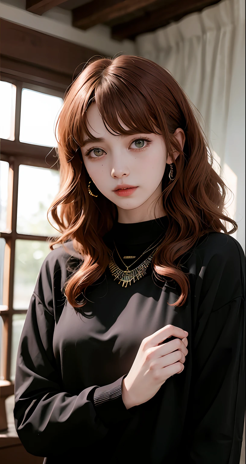 8k, RAW Photography, portlate, top-quality, 超A high resolution、curly hair、piercings、Photorealsitic, 女の子1人, full bodyesbian, redhair, Green eyes、a necklace, a smile, eye lashes, 电影灯光, depth of fields, lensflare、Black shirt
