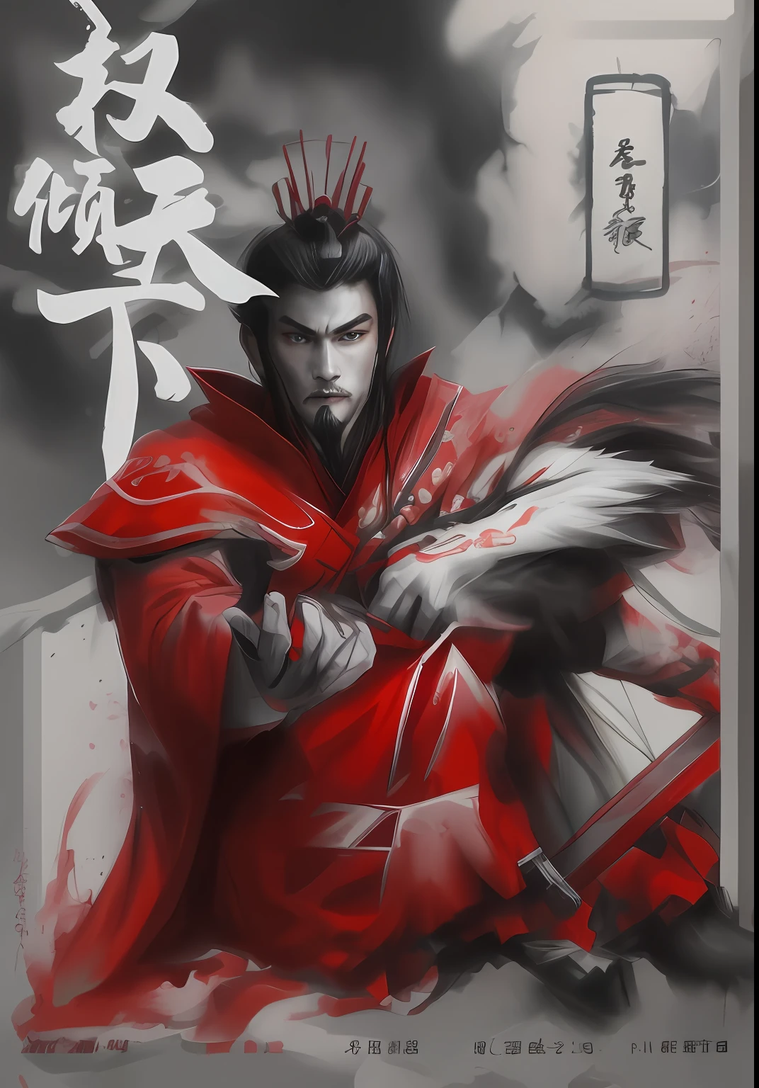 Cold man，Red clothes，，inspired by Wu Daozi, inspired by Chen Jiru, inspired by Zhang Sengyao, inspired by Fu Baoshi，ink wash style，Blue clothes，Long black hair，Black hair