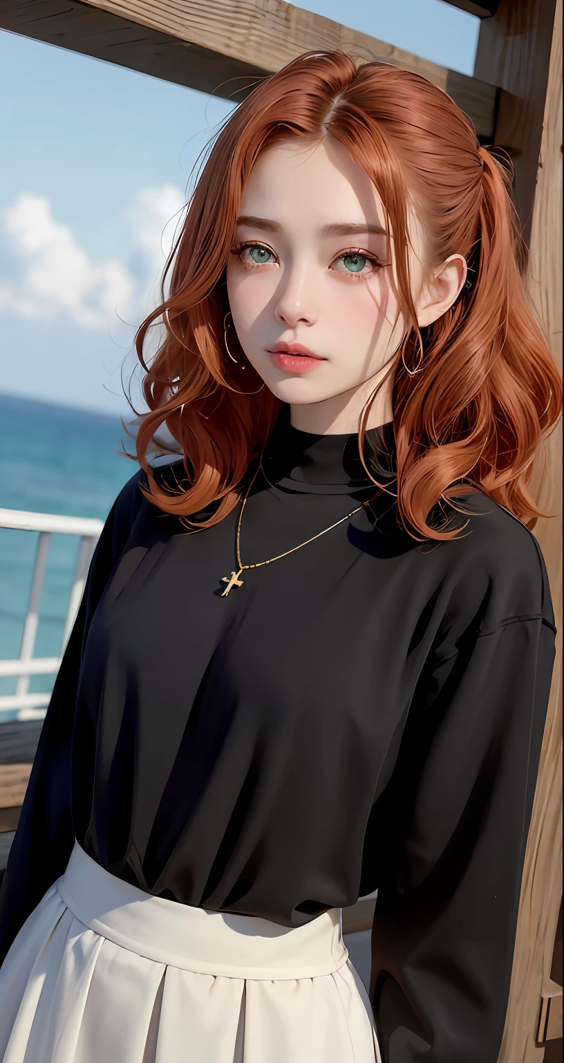 8k, RAW Photography, portlate, top-quality, 超A high resolution、curly hair、piercings、Photorealsitic, 女の子1人, full bodyesbian, redhair, Green eyes、a necklace, a smile, eye lashes, 电影灯光, depth of fields, lensflare、Black shirt