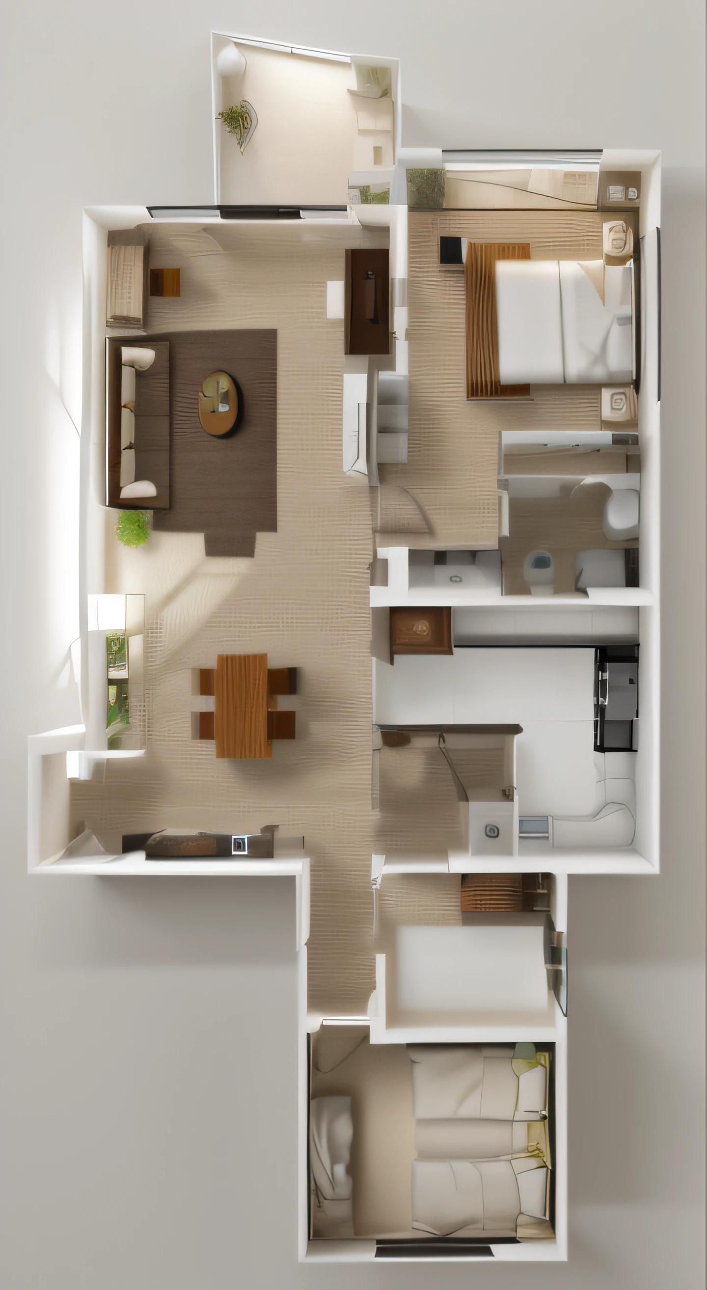 Convert floor plans to elevation effects,3Drenderingof,with a pure white background,best qualtiy,(Hyper-realistic, 统一 8k 壁纸),(best qualtiy),(Most Best Illustration),(Best shadow),(Whole house),Nordic style,Pastel tones,Light curtains,carpets,Cotton and linen sofa,wood furnishings,softlighting,A plant,painting of a,vases,rendering by octane,Ray traching,Super meticulous