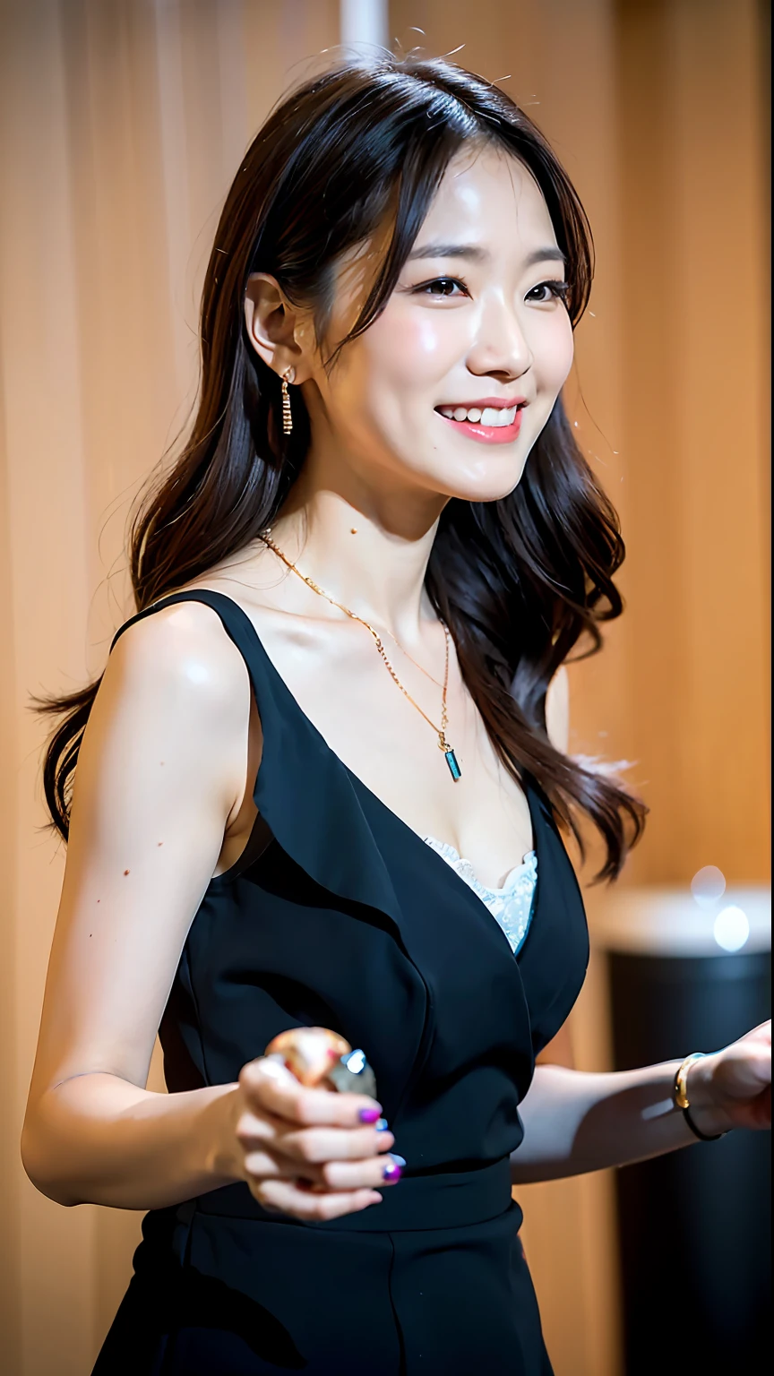 (Best quality, 8k, 32k, Masterpiece, UHD:1.2),Photo of Pretty Japanese woman,(detailed face:1.1), simple black suit, (looking at viewer:1.1),upper body,necklace,dress shirt,skirt,holding mug,reaching out,smile