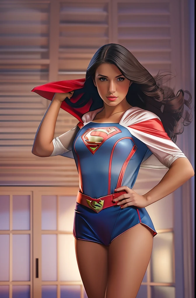 a seductive 21-year-old brunette femme fatale seductively unveiling her Supergirl attire, passionately showcasing her powerful persona with every rip of her blouse.