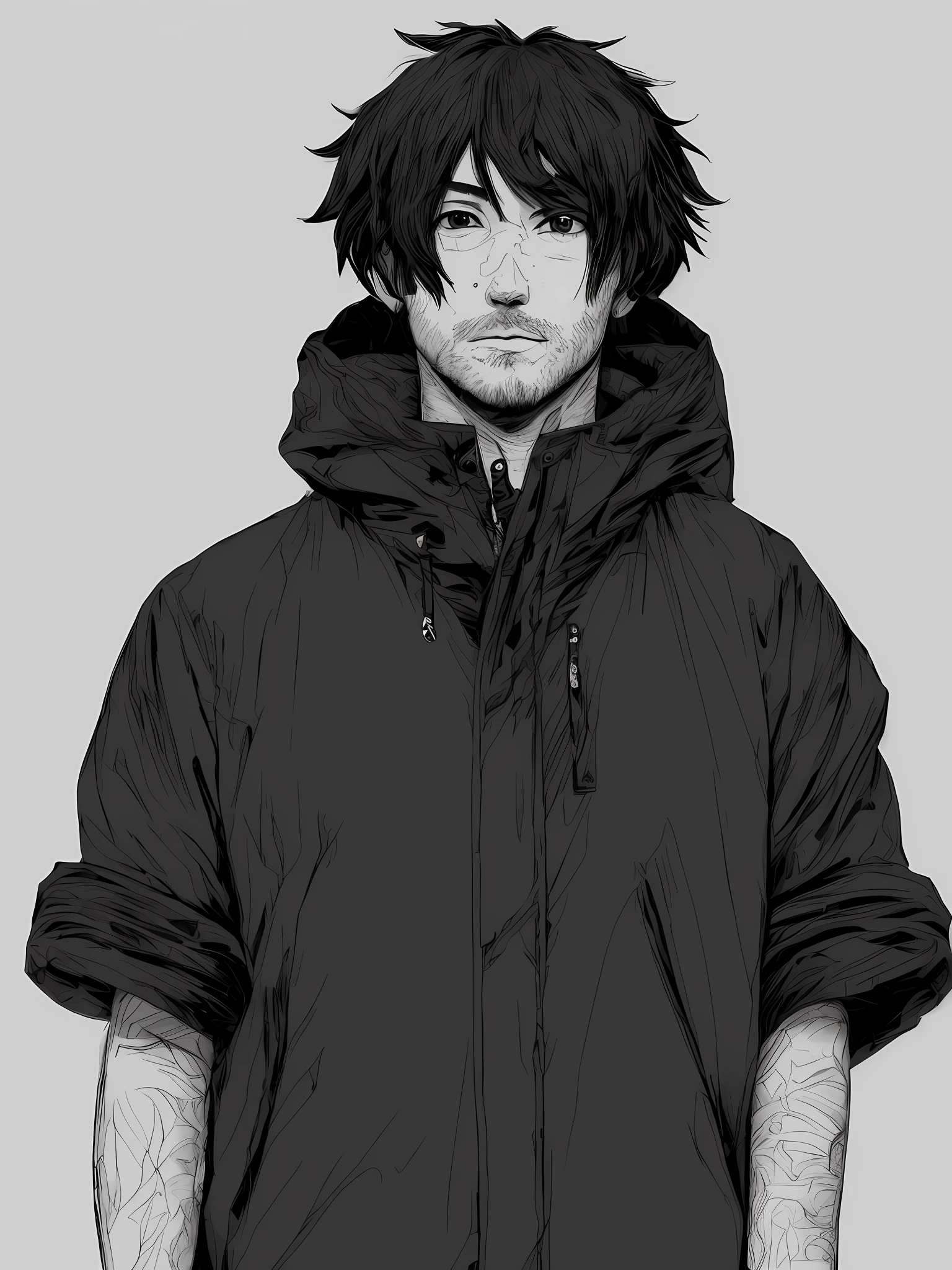 masterpiece, (((anime))), (((vector art))), (((black and white core))), (((tsutomu nihei))),1man , handsome, portrait, black fur parka, green hat, security agent, a man wearing a black jacket, illustrator, overcast!!!, he is wearing a black trenchcoat, with accurate face