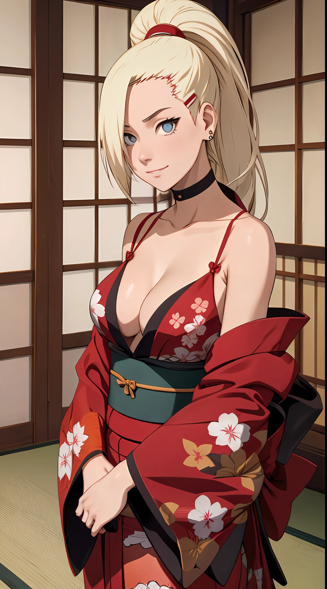 Ino yamanaka, komono, nevando, sitted,Japan kimono,Off-the-shoulder attire,cleavage,ssmile,Be red in the face,inside in room
