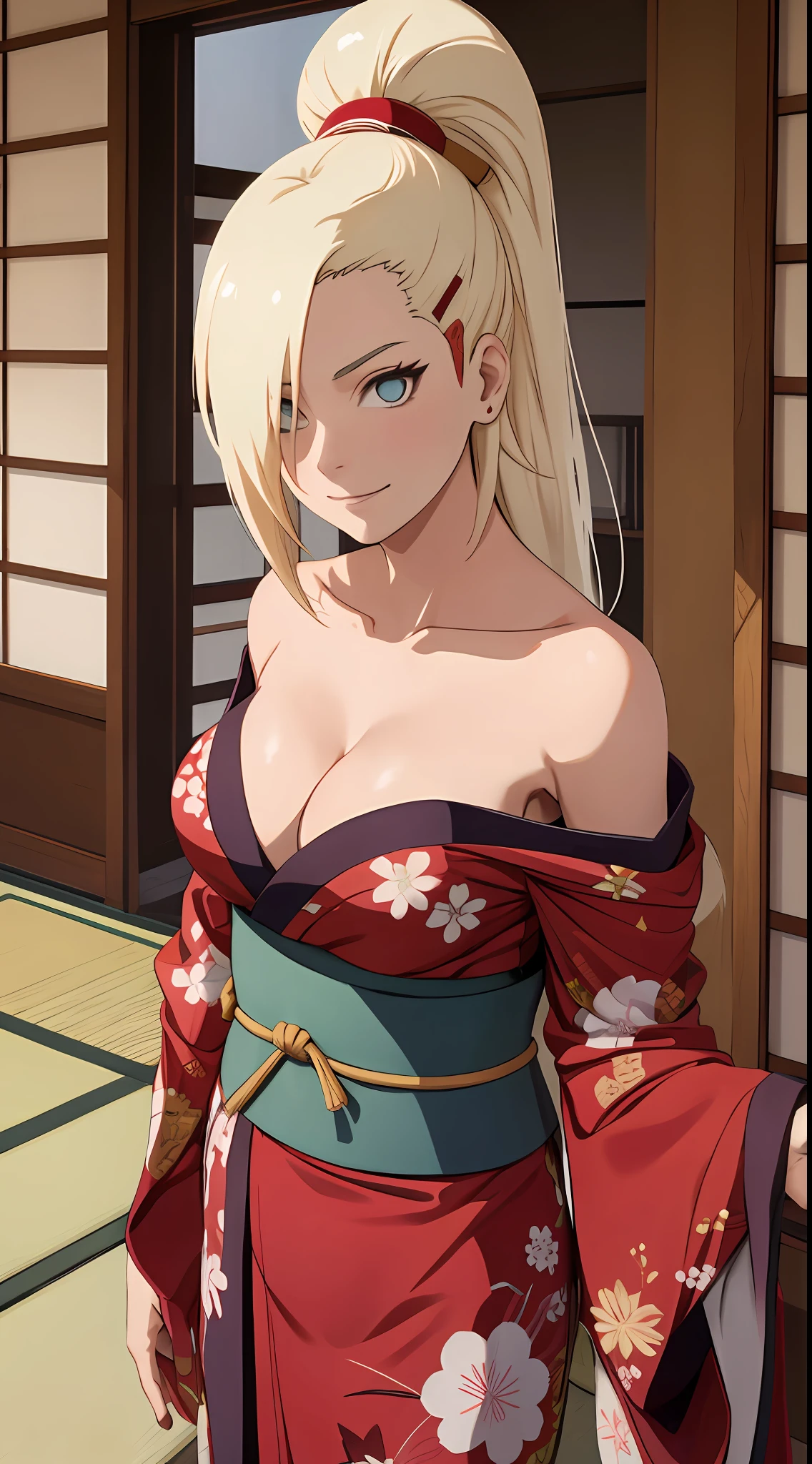 Ino yamanaka， komono， nevando， sitted，Japan kimono，Off-the-shoulder attire，cleavage，ssmile，Be red in the face，inside in room