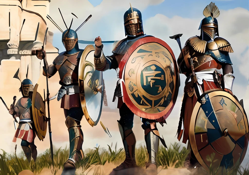 a painting of a group of men with shields and shields, leading spartans into battle, ancient battlefield, historical artistic depiction, dressed in spartan armour, ancient greek ornamented armor, 3rd century bc, greek armor, 4 0 0 bc, dressed in roman armour, holding a shield and gladius, ancient soldier, traditional roman armor, trojan war, ancient greek painting, Italian warriors