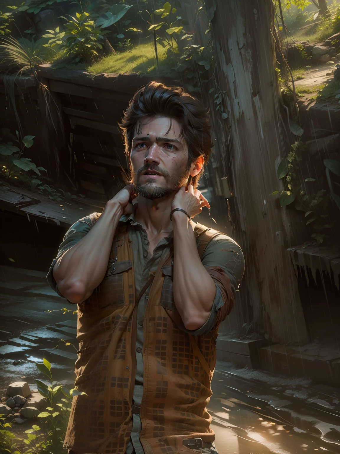 action shot of beautiful man pedro pascal,playing Joel Miller,The Last of Us,24mm,4k textures,soft cinematic light,highly detailed,sharp focus,hyperdetailed,low contrast,dim colors,exposure blend,(dusty:1.3),volumetric lighting,full body character art,brown eyes, realistic face, 8k
