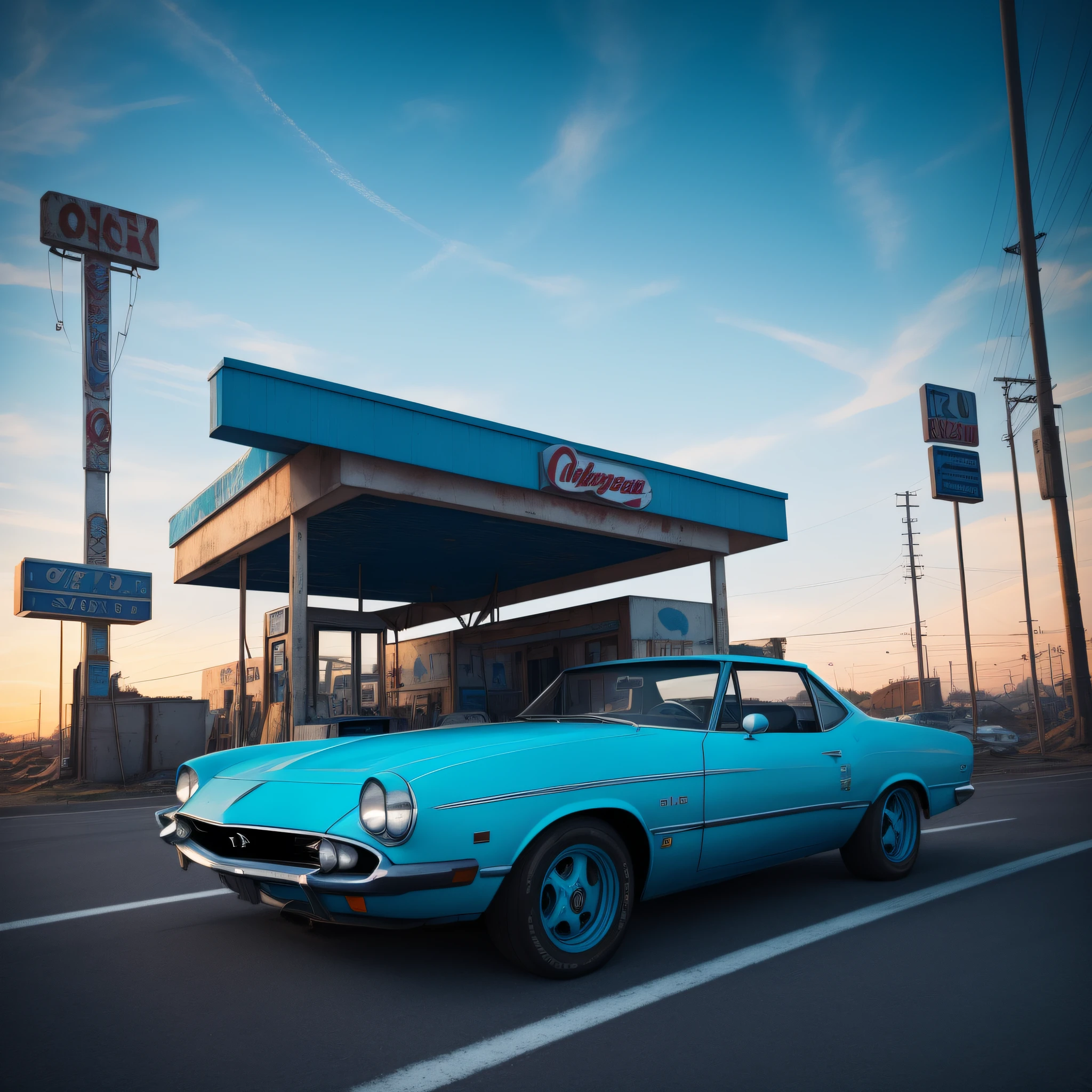 cars around abandoned gas station sign made from a rocket beautiful blue sky Clutter-Home (AtomPunkStyleSD15:1.0), (masterpiece:1.2) (photorealistic:1.2) (bokeh) (best quality) (detailed skin) (intricate) (8k) (HDR) (cinematic lighting) (sharp focus)