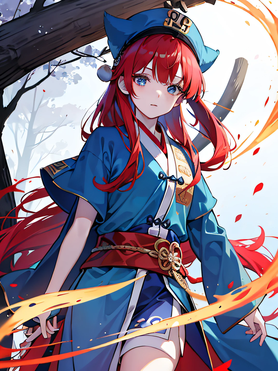 Kizi,redheadwear,fox ear,blueneyes,Ancient Chinese clothing,full bodyesbian,Blue robe,bloomer,long whitr hair,redheadwear,Qi bangs,Set the chart