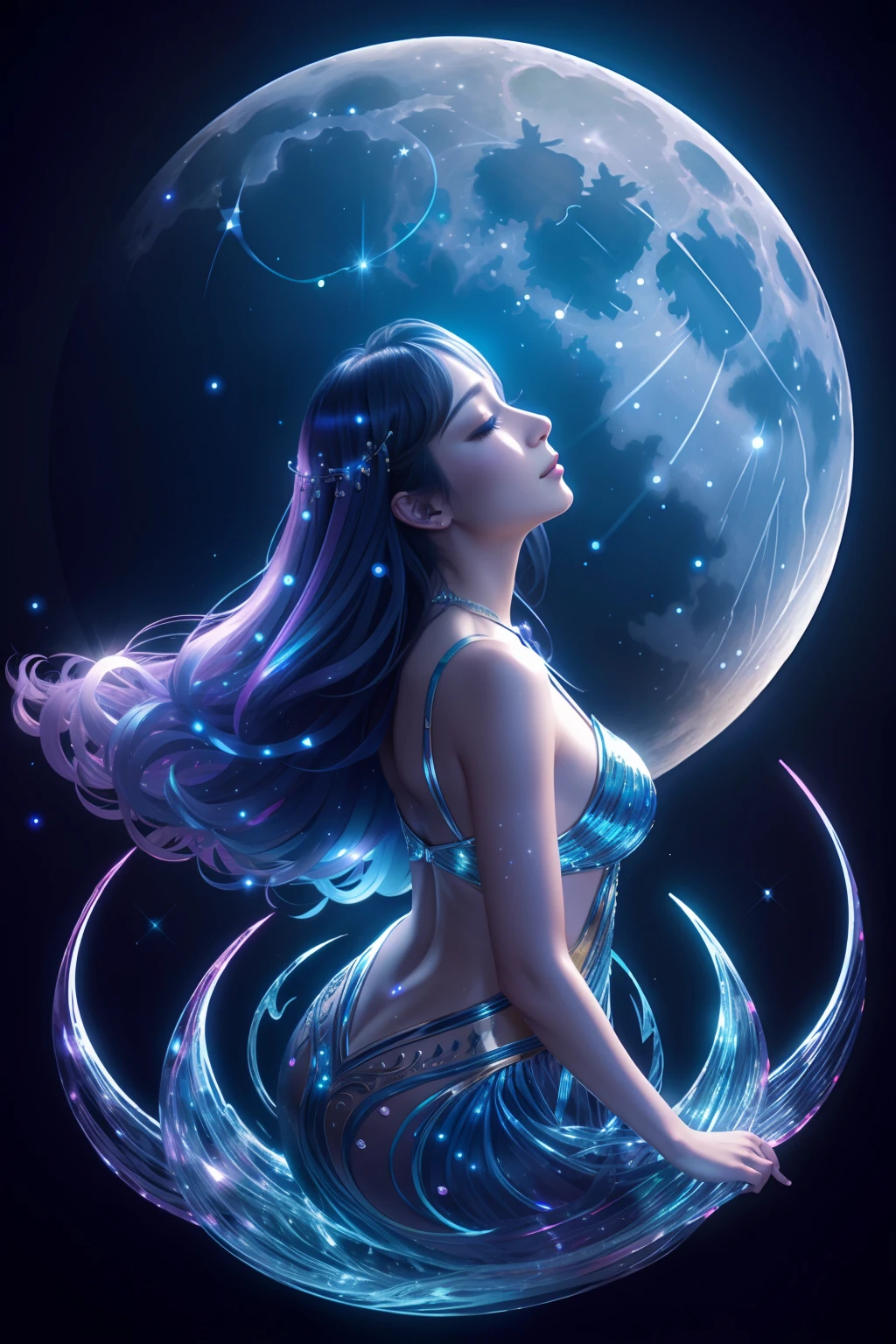 Iridescent Full Moon、angelicales、constellation、water background、Mystical