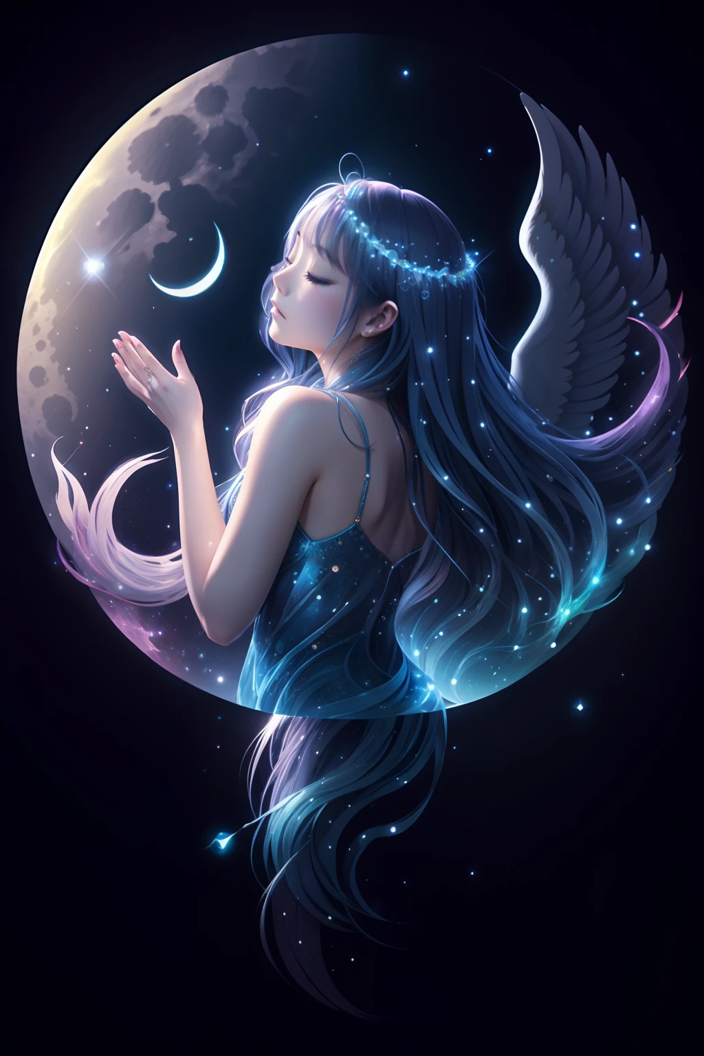 Iridescent Full Moon、angelicales、constellation、water background、Mystical